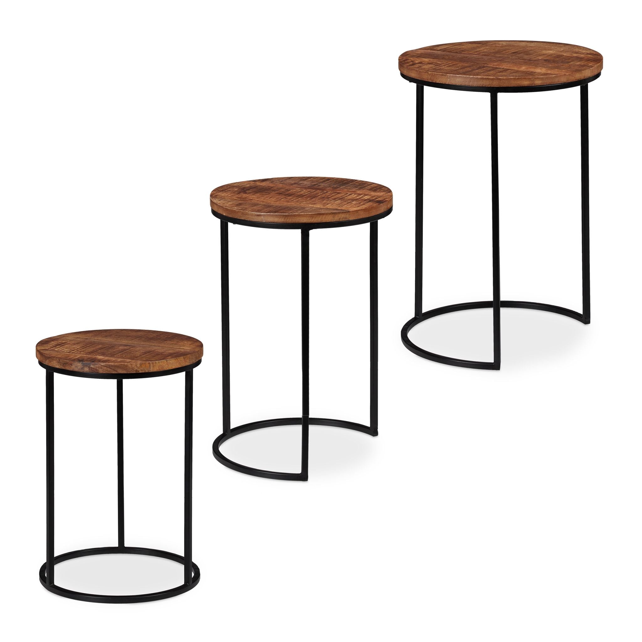 Satztisch 3er-Set Mangoholz Braun-Hellbraun-Schwarz von Relaxdays