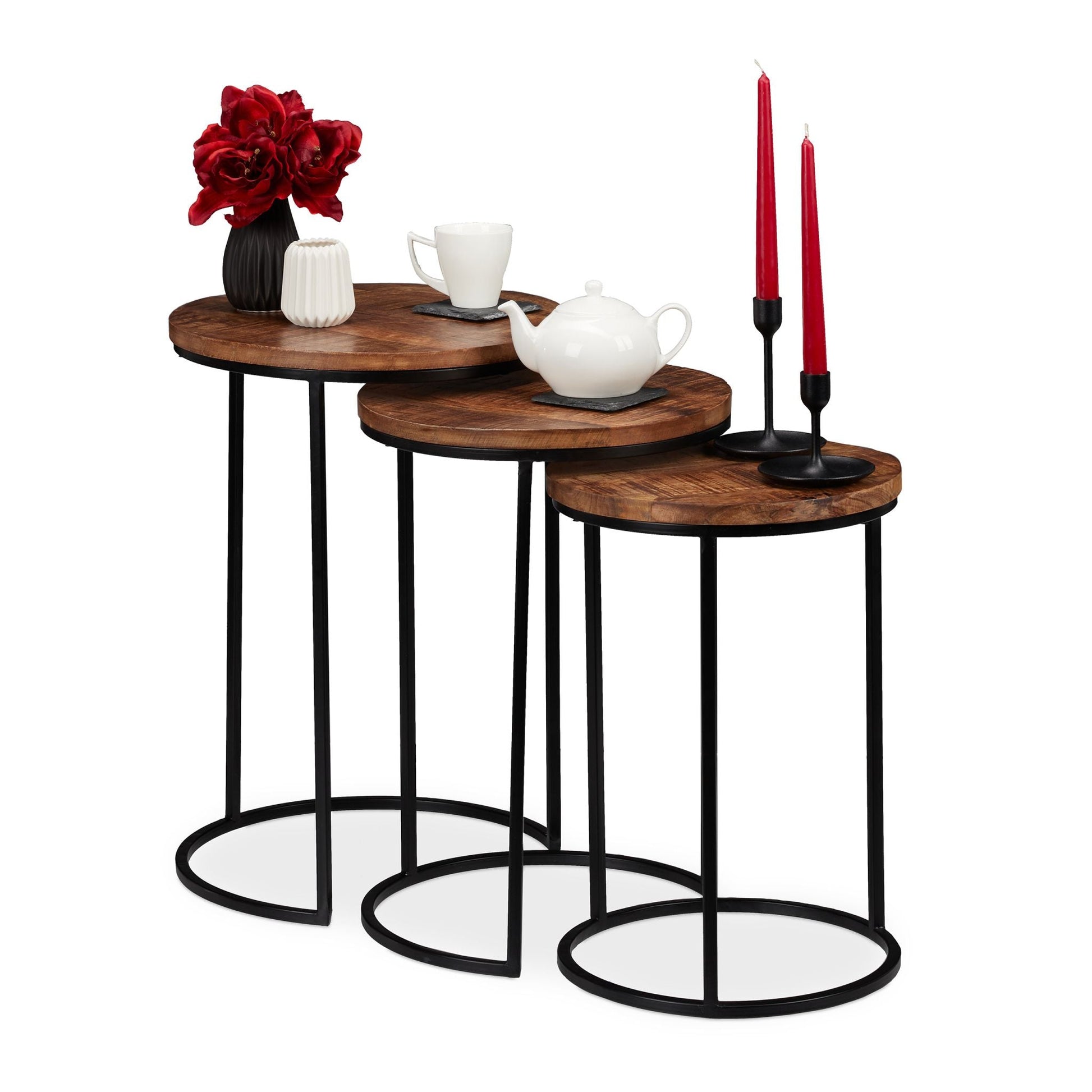 Satztisch 3er-Set Mangoholz Braun-Hellbraun-Schwarz von Relaxdays