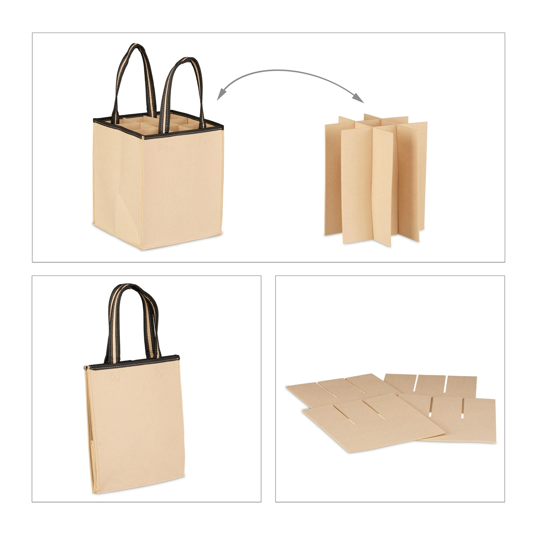 Flaschentasche für 9 Flaschen Filz Beige-Schwarz von Relaxdays