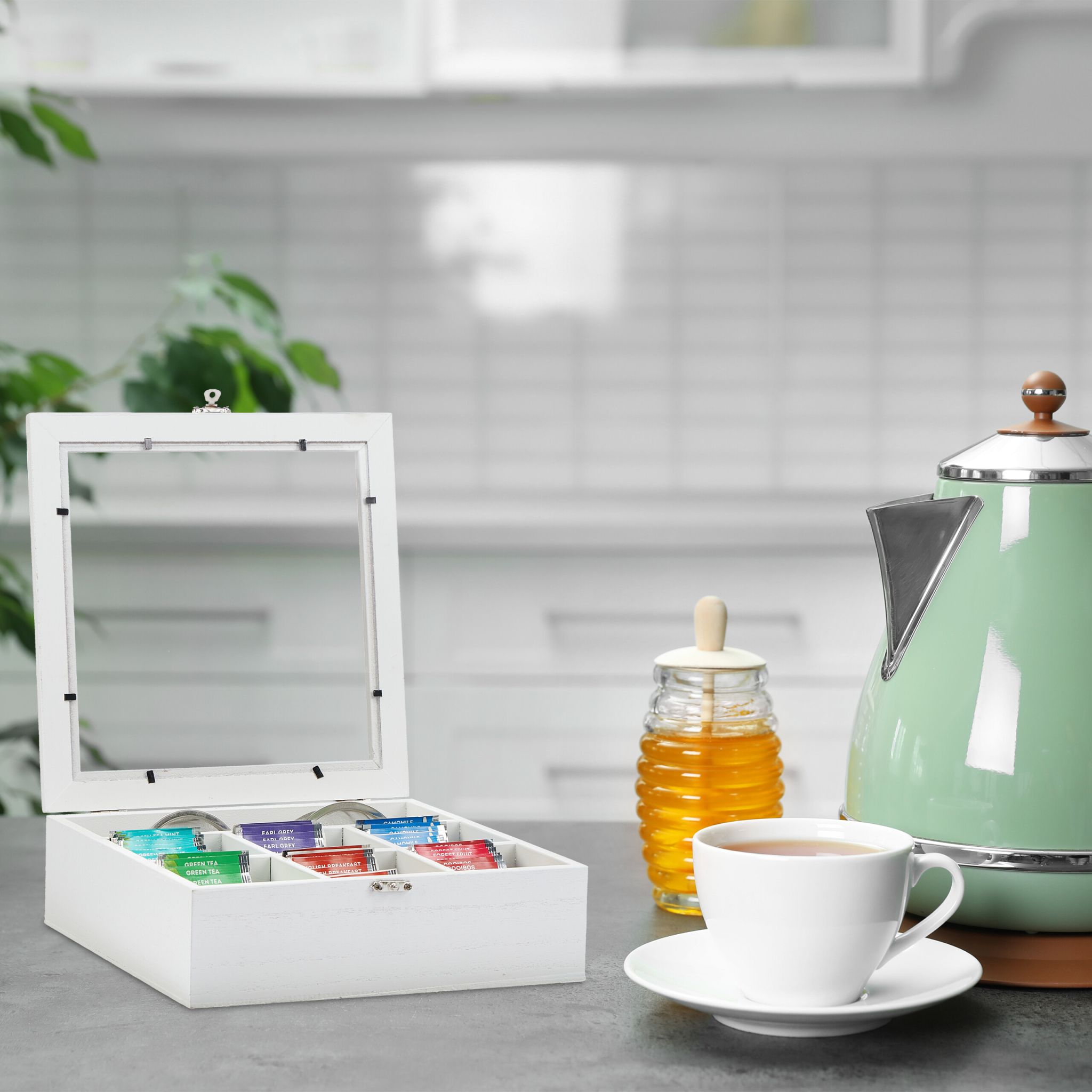 Teebox in Holzoptik Weiss-Silber-Transparent von Relaxdays