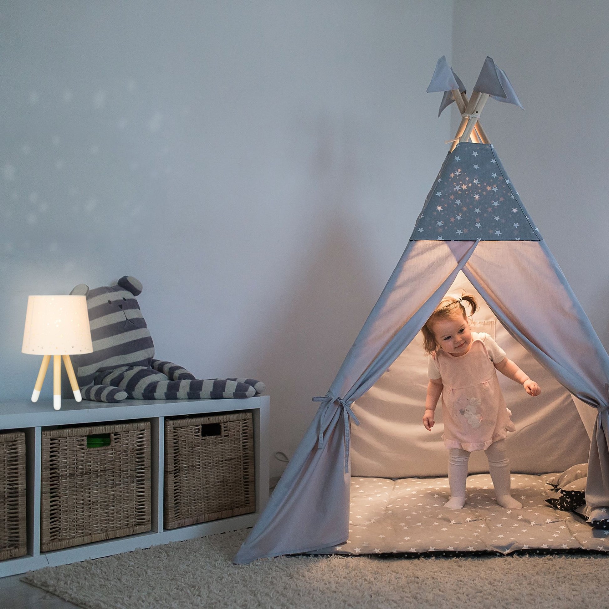 Tischlampe Kinderzimmer Sterne Weiss-Hellbraun-Grau von Relaxdays
