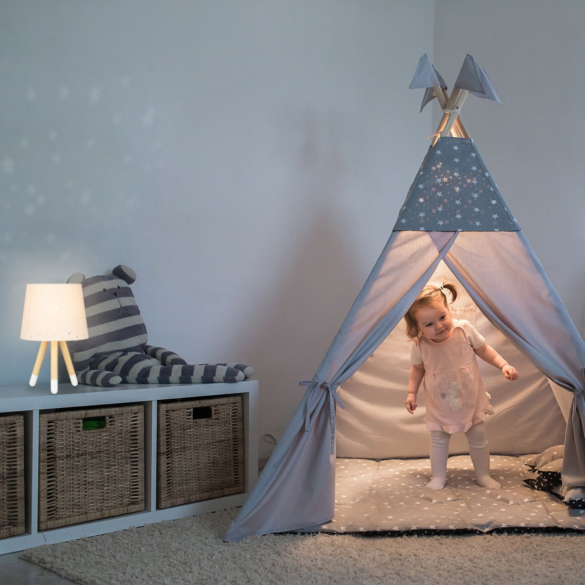 Tischlampe Kinderzimmer Sterne Weiss-Hellbraun-Rosa von Relaxdays
