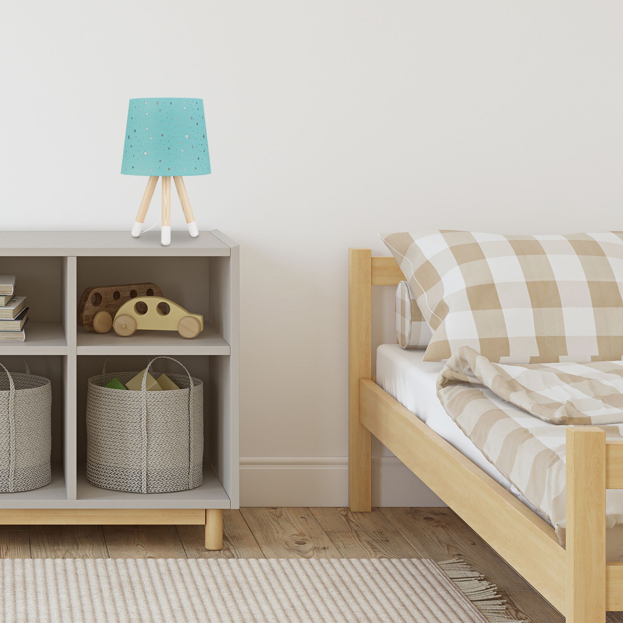 Tischlampe Kinderzimmer Sterne Weiss-Hellbraun-Türkis von Relaxdays