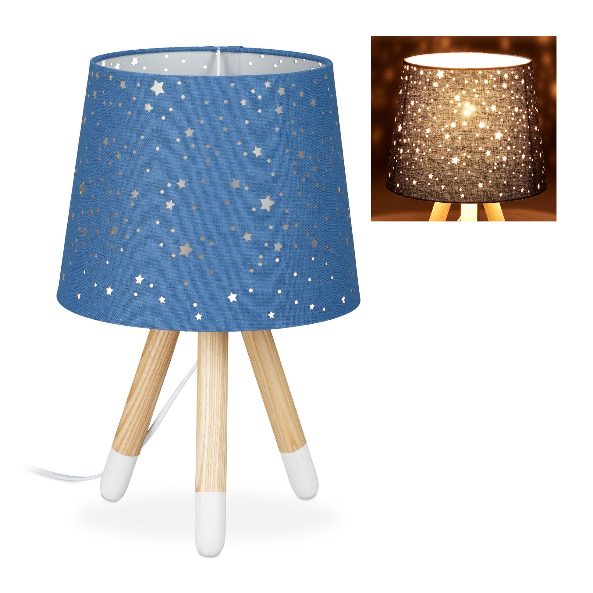Tischlampe Kinderzimmer Sterne Weiss-Dunkelblau-Hellbraun von Relaxdays