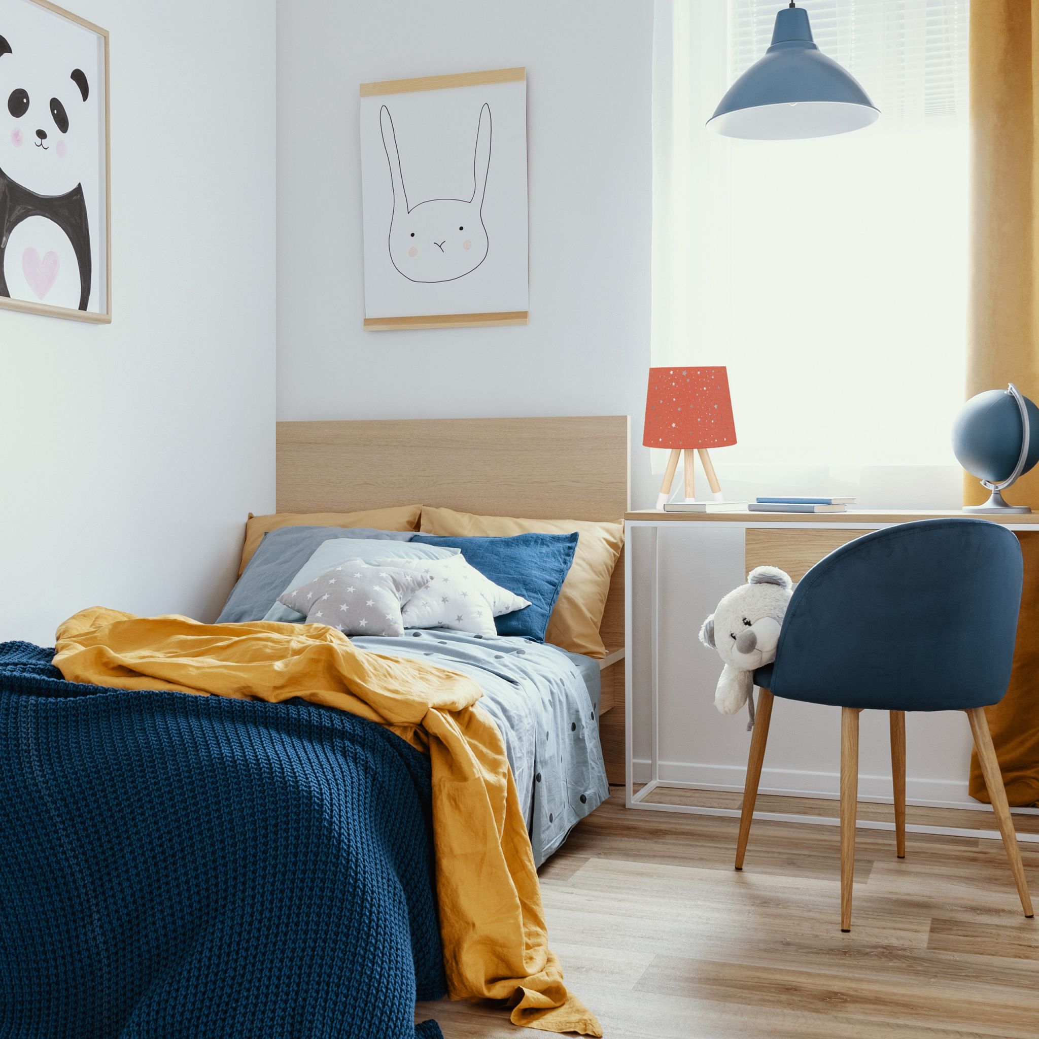 Tischlampe Kinderzimmer Sterne Weiss-Dunkelblau-Hellbraun von Relaxdays