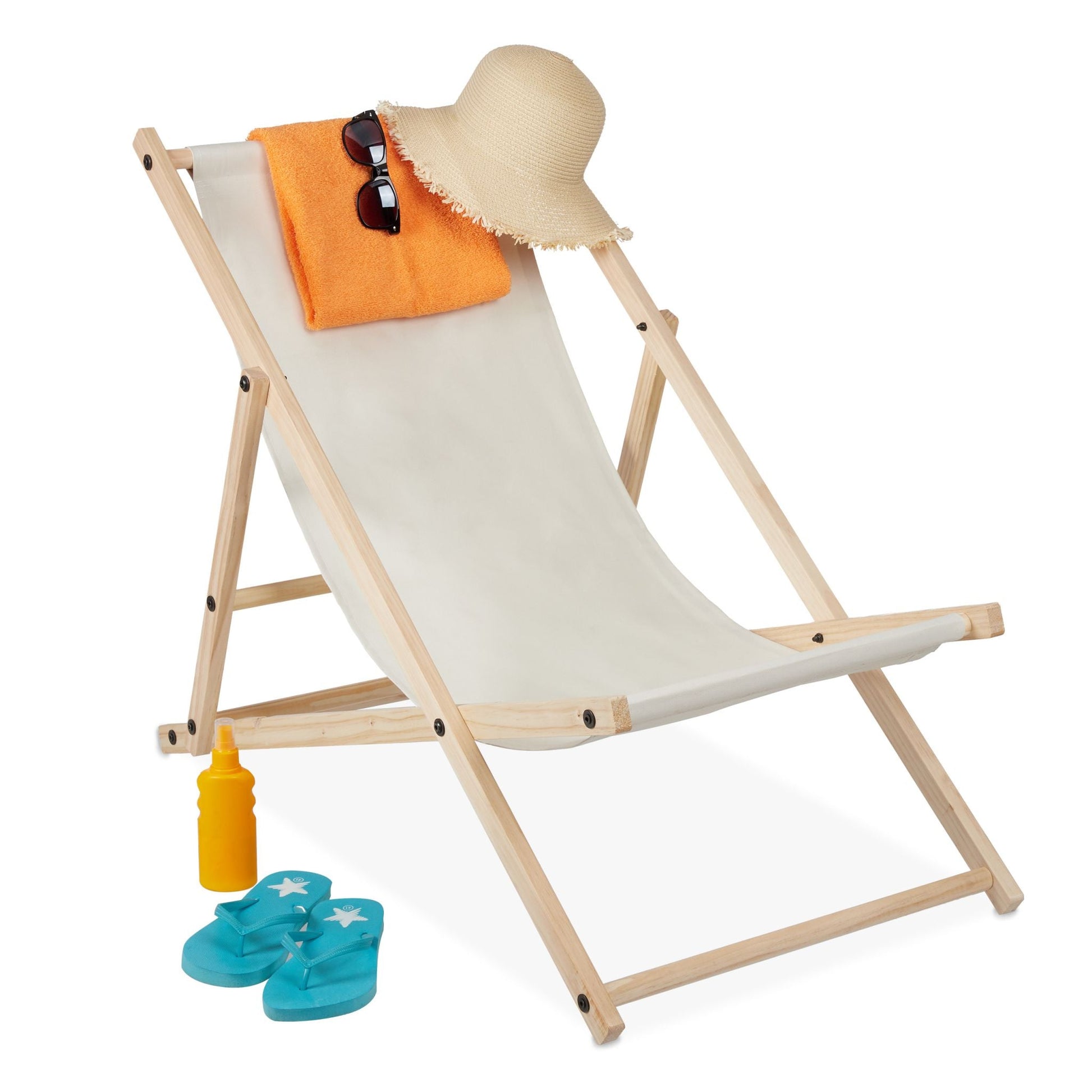 Liegestuhl Holz klappbar Creme-Hellbraun von Relaxdays