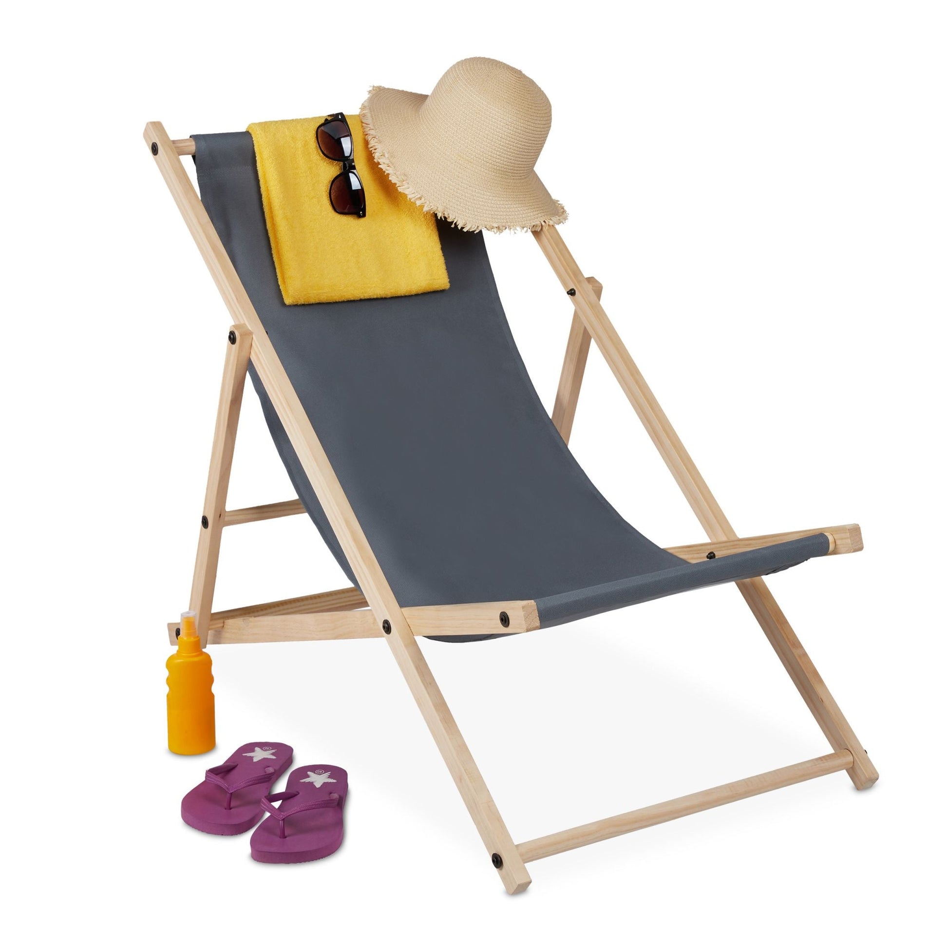 Liegestuhl Holz klappbar Anthrazit-Hellbraun von Relaxdays