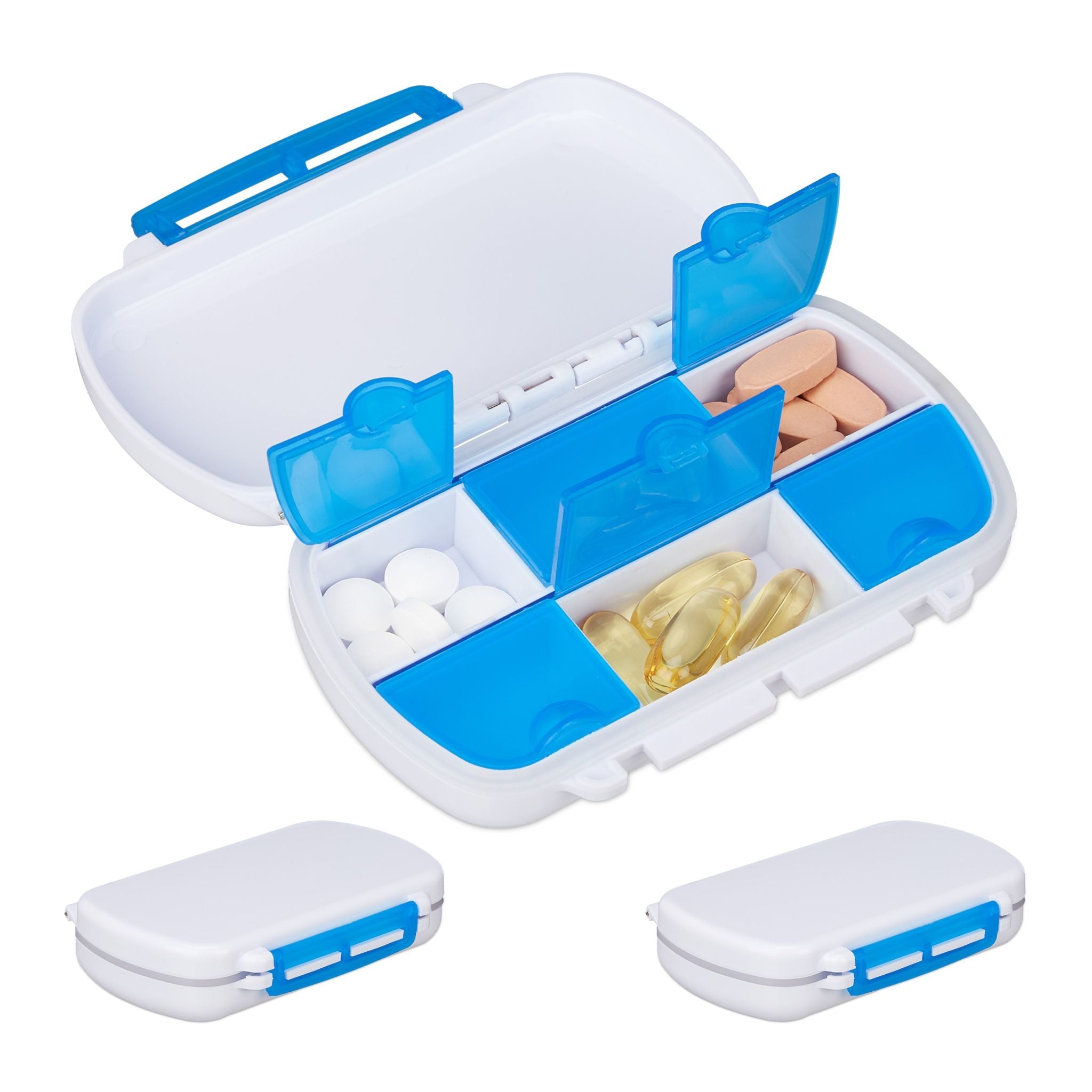Tablettendose 6 Fächer 3er-Set Weiss-Blau von Relaxdays