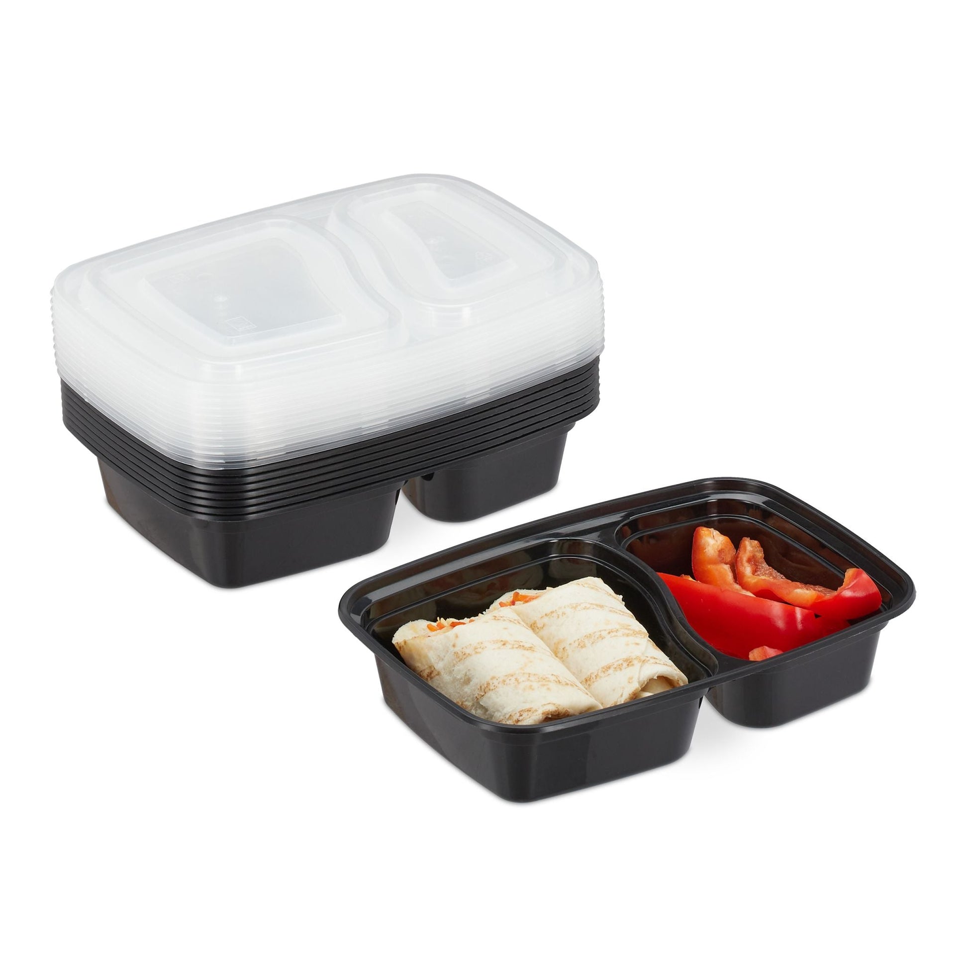 Meal Prep Boxen 2 Fächer 10er-Set Schwarz-Transparent von Relaxdays