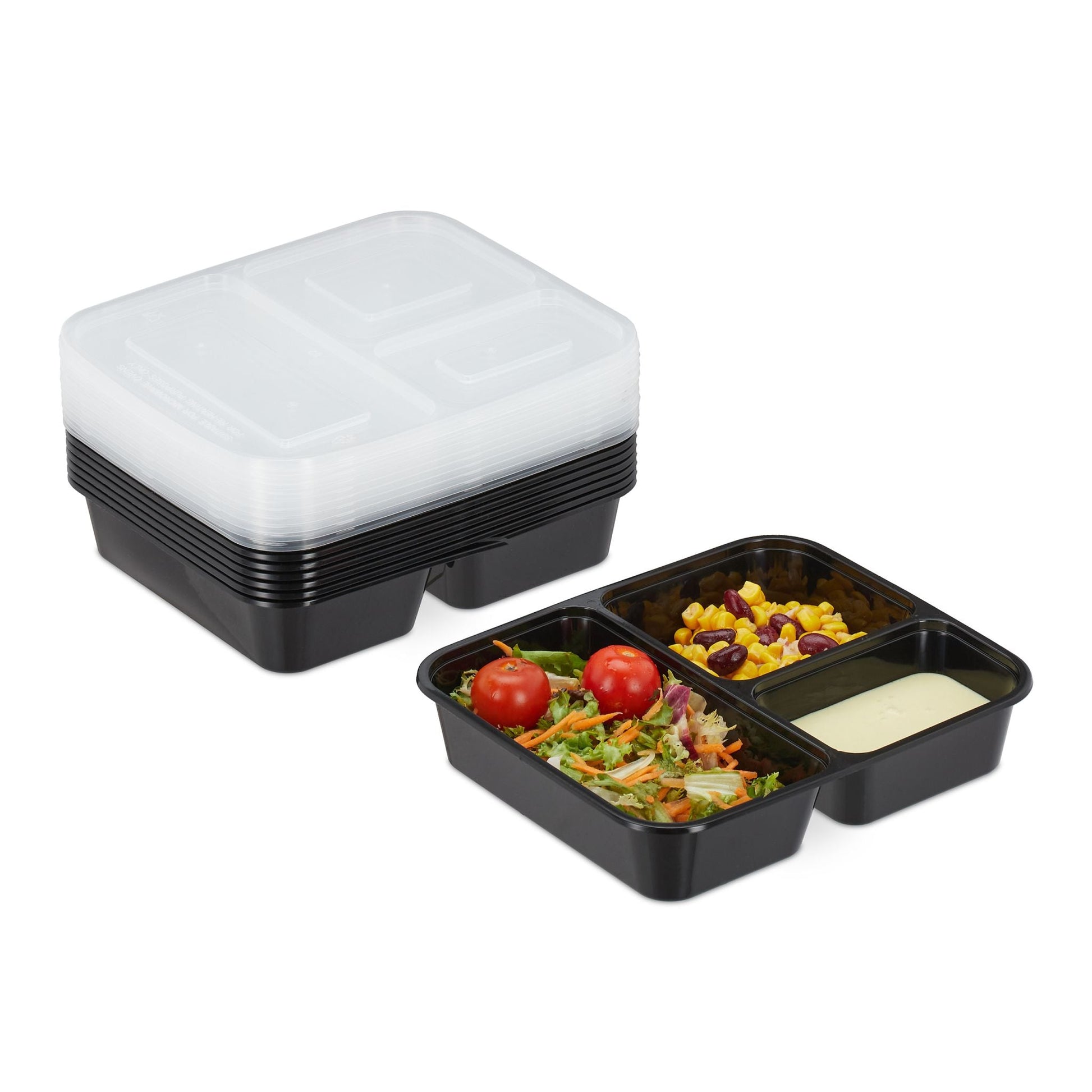 Meal Prep Boxen 3 Fächer 10er-Set Schwarz-Transparent von Relaxdays