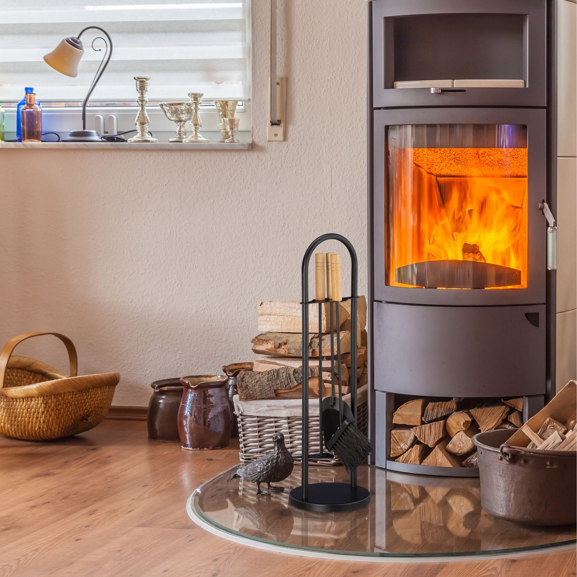 Kaminbesteck modern 4-teilig Hellbraun-Schwarz von Relaxdays