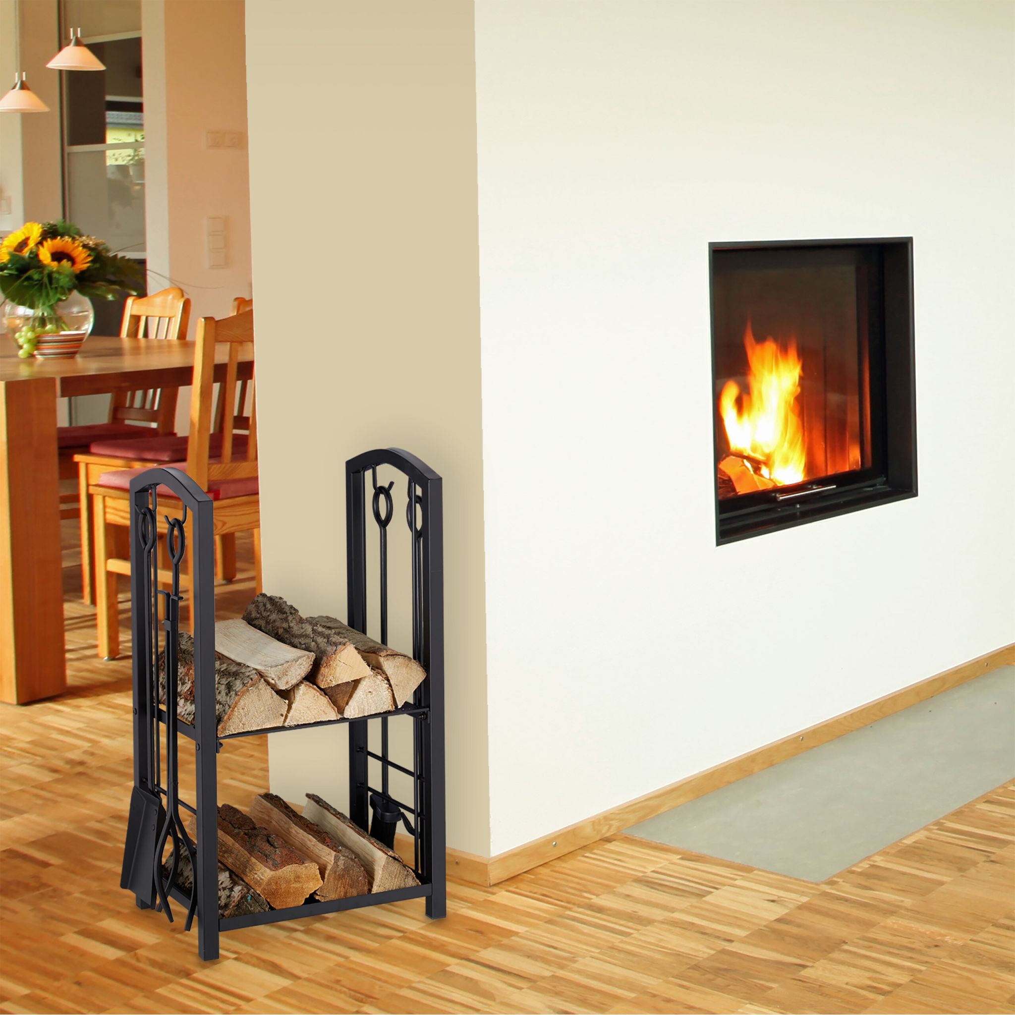 Kaminholzregal mit Besteck Schwarz von Relaxdays