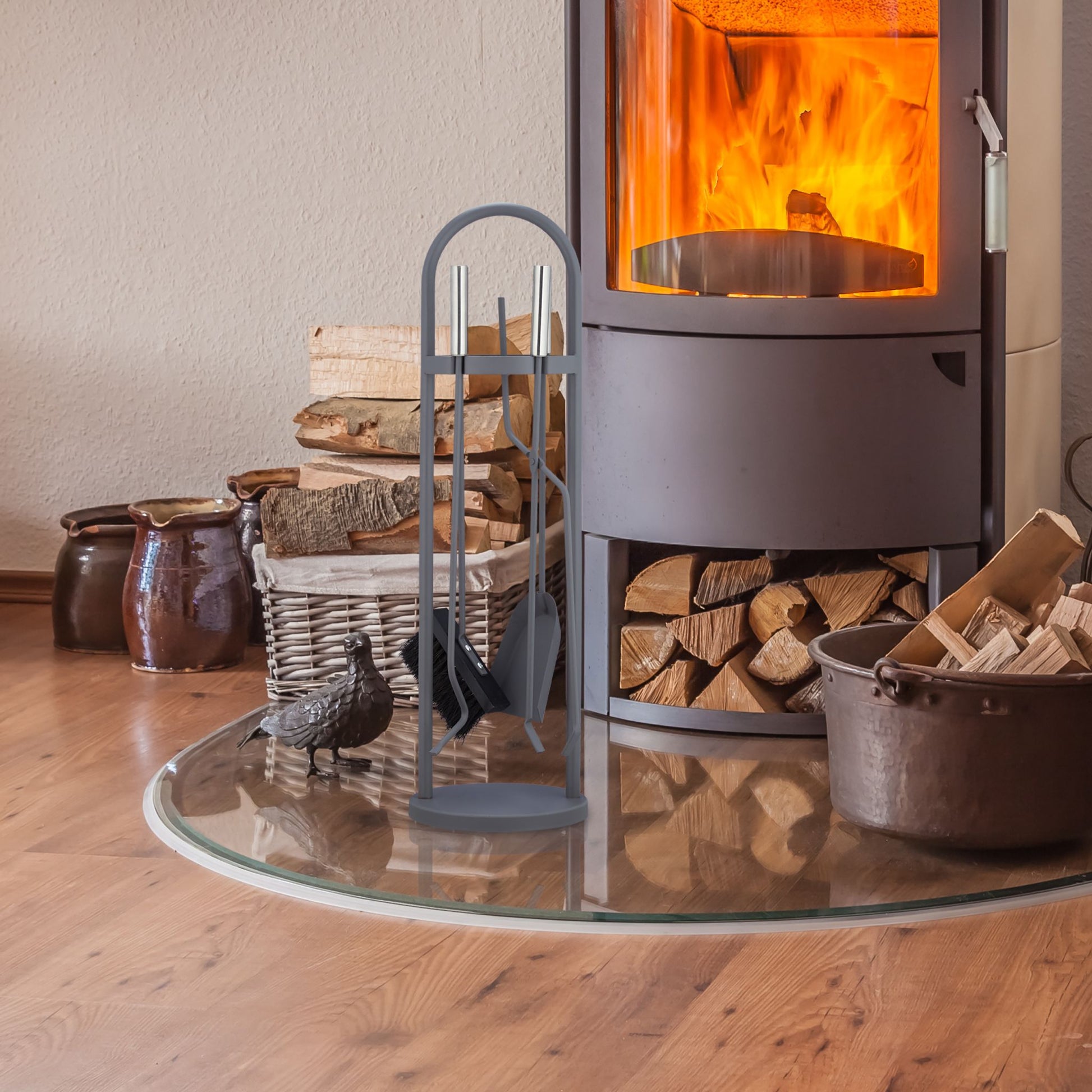 Kaminbesteck modern 5-teilig Silber-Grau von Relaxdays