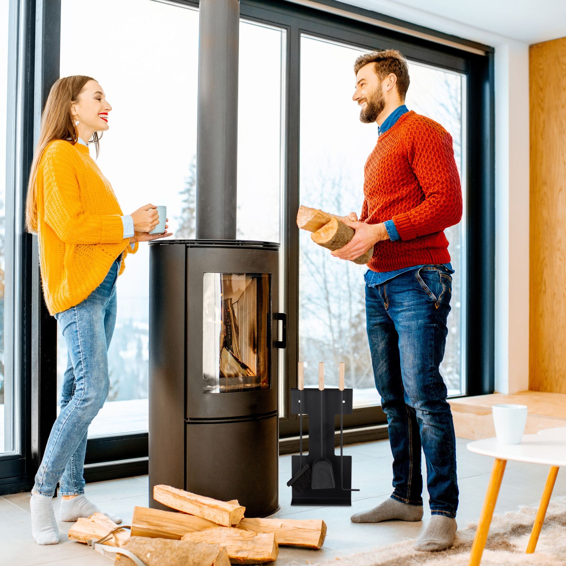 Kaminbesteck modern 4-teilig Hellbraun-Schwarz von Relaxdays