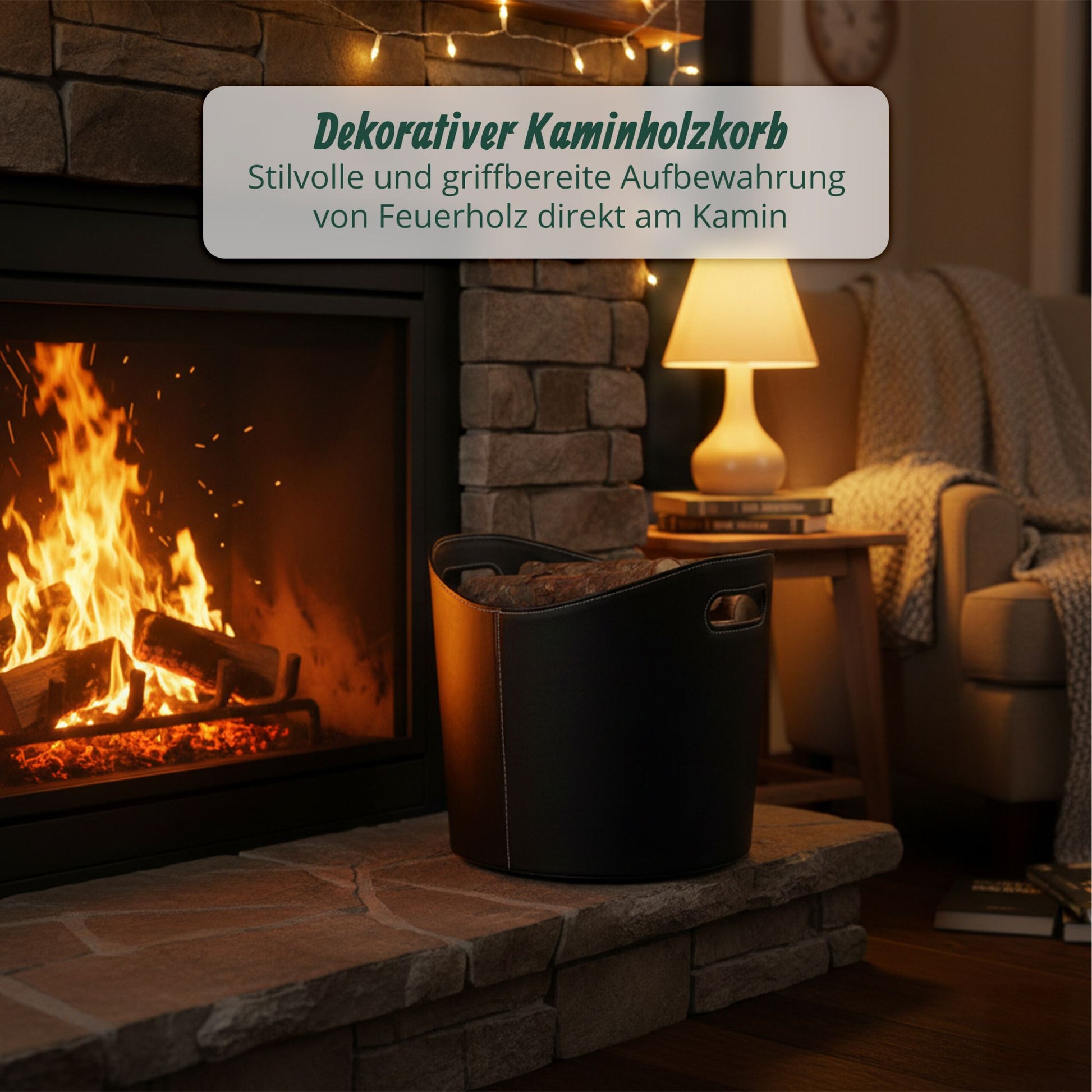 Kaminholzkorb Kunstleder schwarz Schwarz von Relaxdays