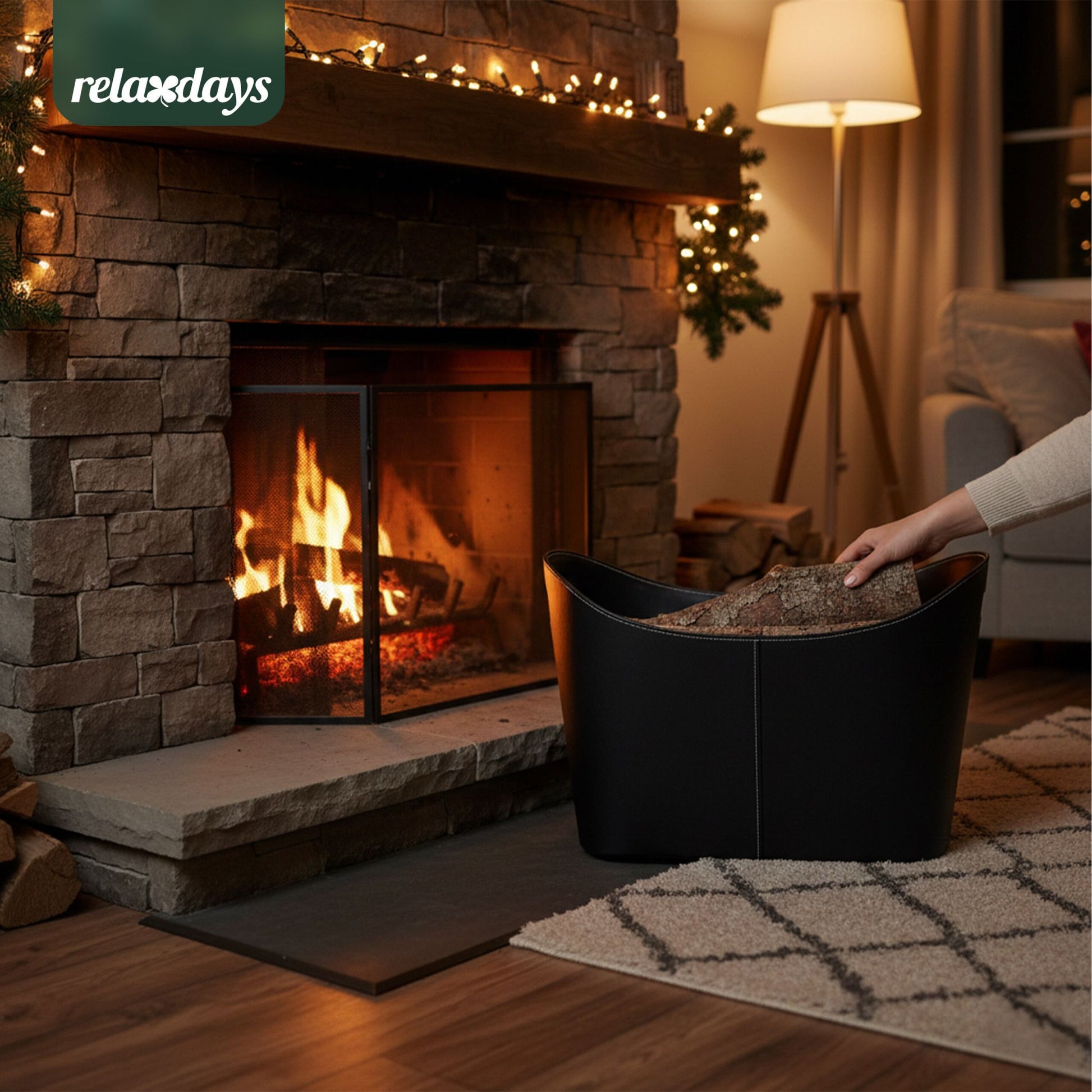 Kaminholzkorb Kunstleder schwarz Schwarz von Relaxdays
