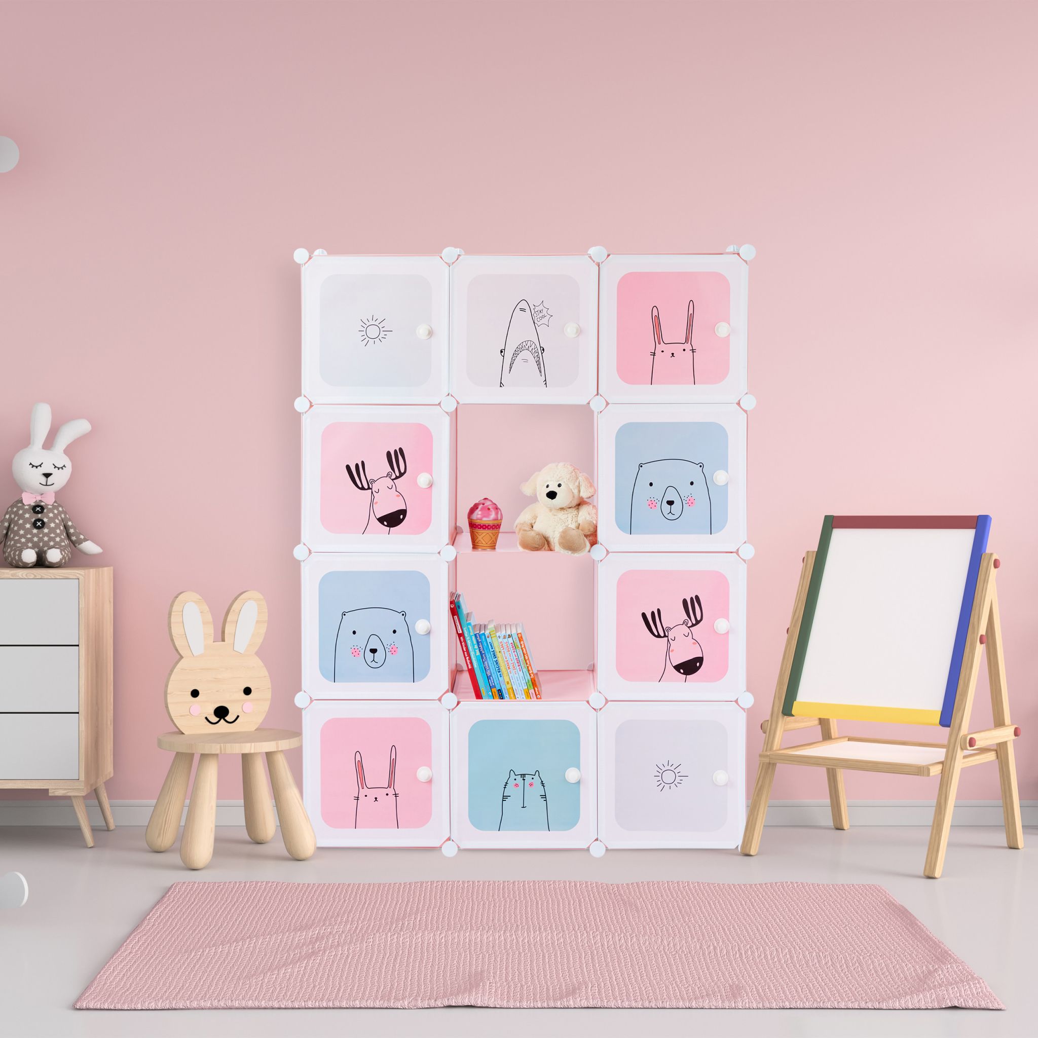 Steckregal Kinderzimmer mit 12 Fächern Weiss-Hellblau-Rosa von Relaxdays