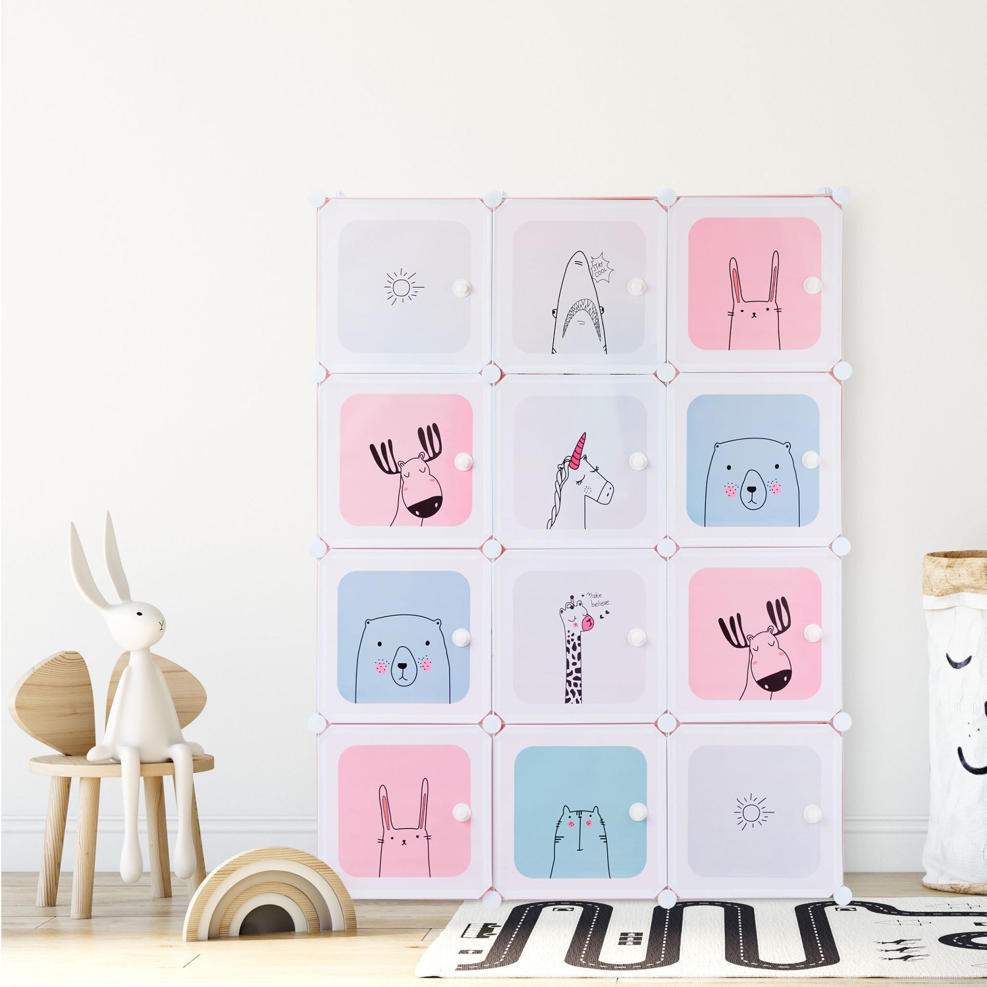 Steckregal Kinderzimmer mit 12 Fächern Weiss-Hellblau-Rosa von Relaxdays