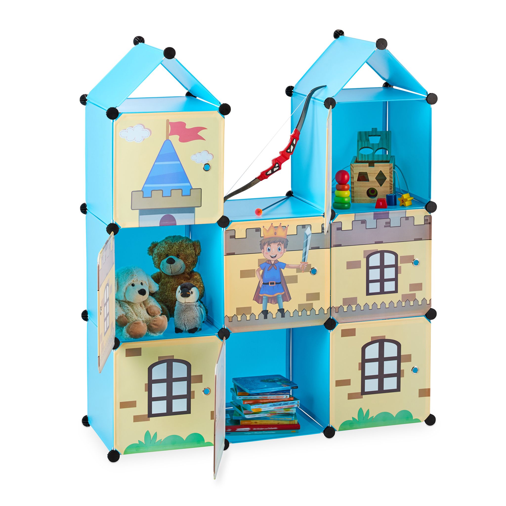Steckregal Kinderzimmer als Ritterburg Blau-Gelb-Schwarz von Relaxdays