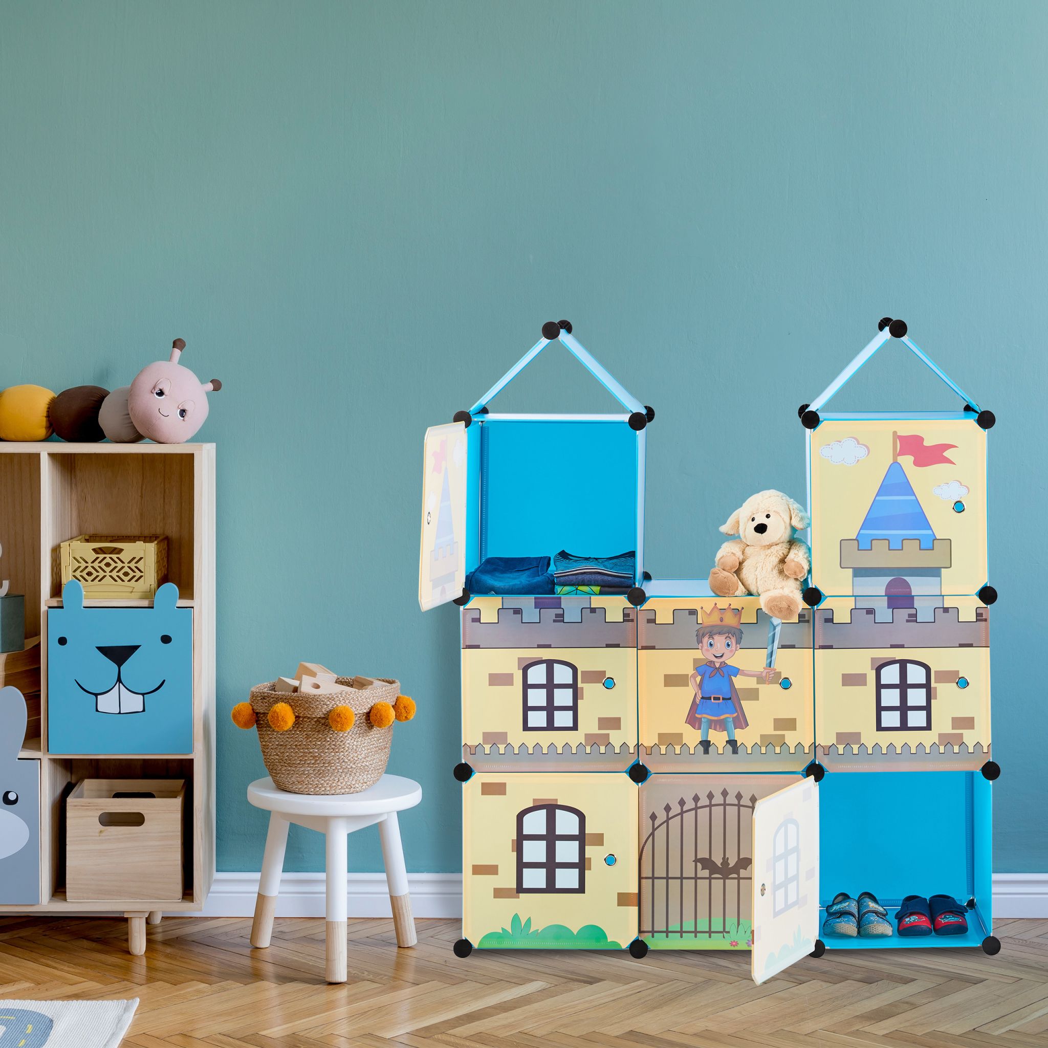 Steckregal Kinderzimmer als Ritterburg Blau-Gelb-Schwarz von Relaxdays