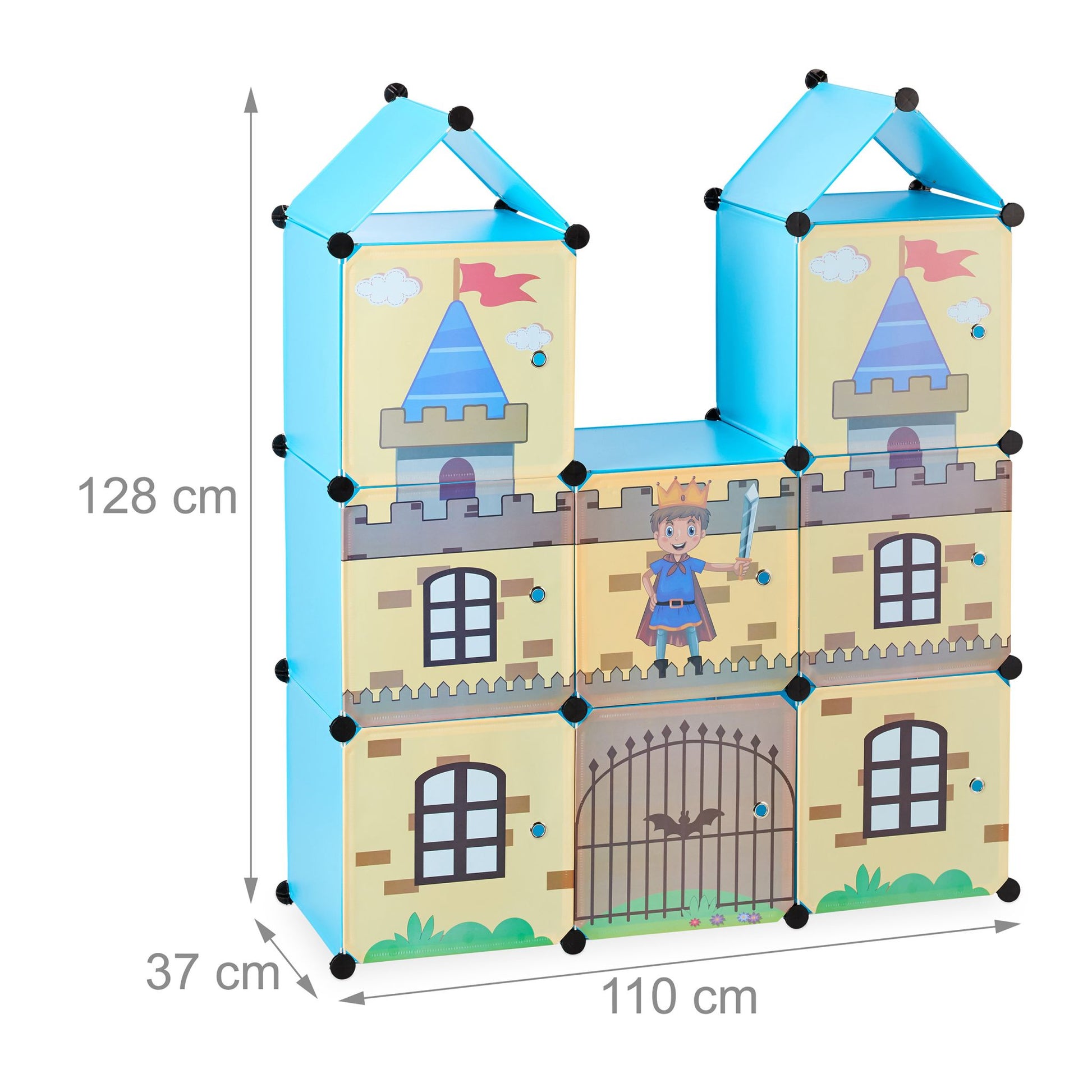 Steckregal Kinderzimmer als Ritterburg Blau-Gelb-Schwarz von Relaxdays
