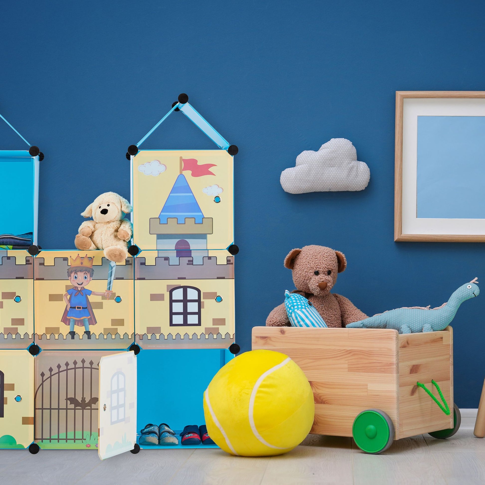 Steckregal Kinderzimmer als Ritterburg Blau-Gelb-Schwarz von Relaxdays