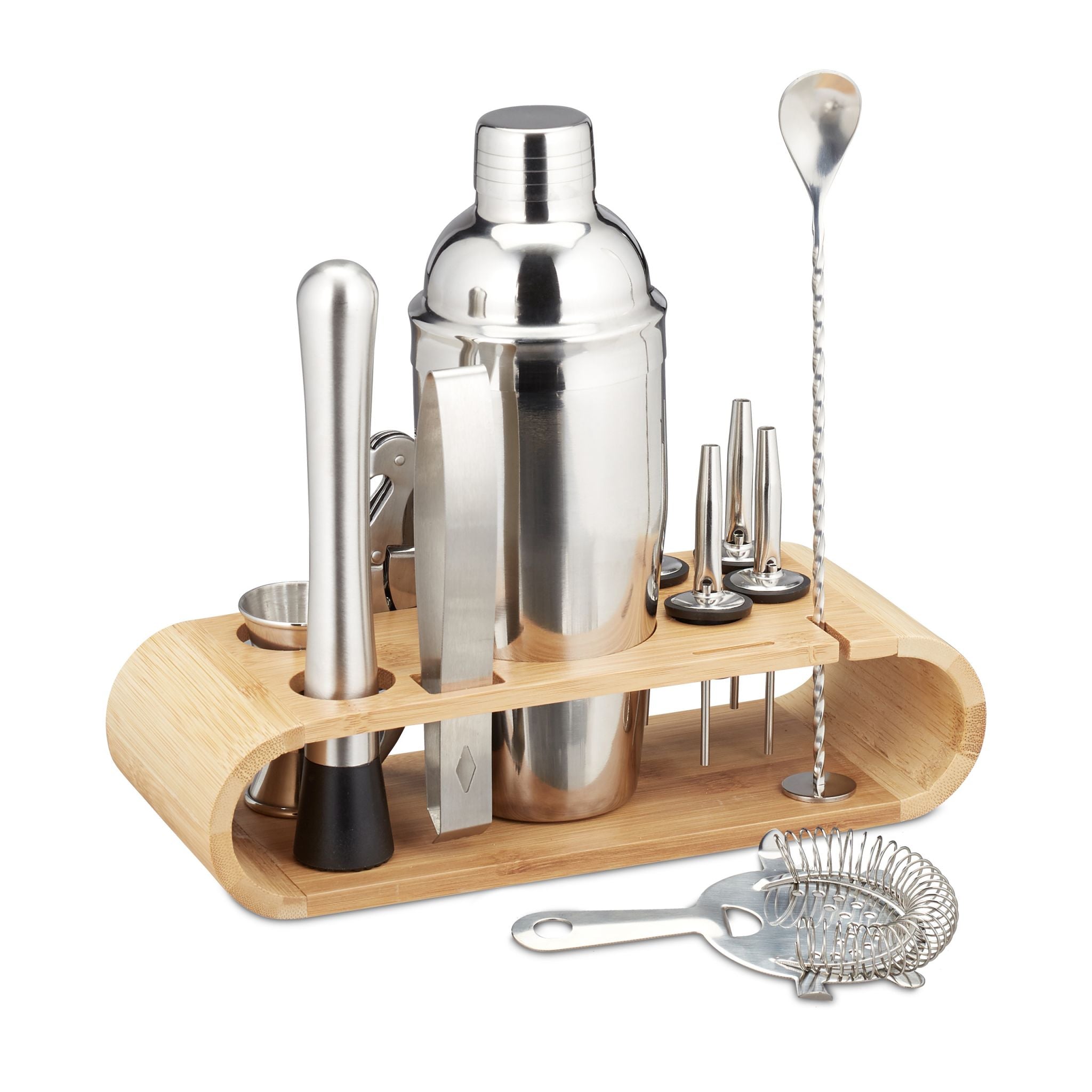 Cocktailset 11er-Set Edelstahl Hellbraun-Schwarz-Silber von Relaxdays