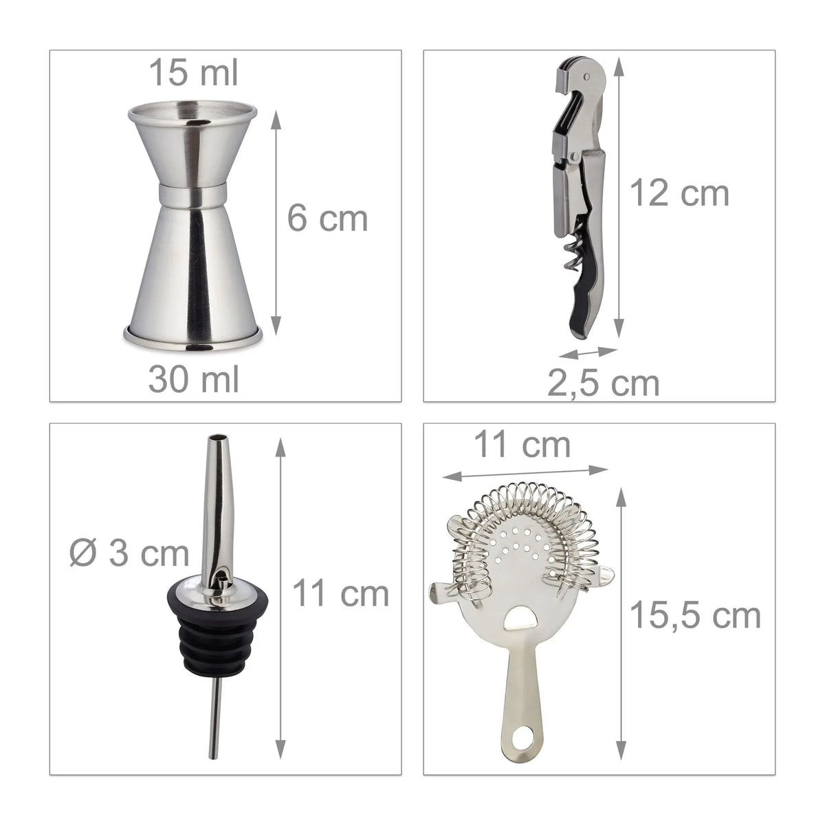 Cocktailset 11er-Set Edelstahl Hellbraun-Schwarz-Silber von Relaxdays