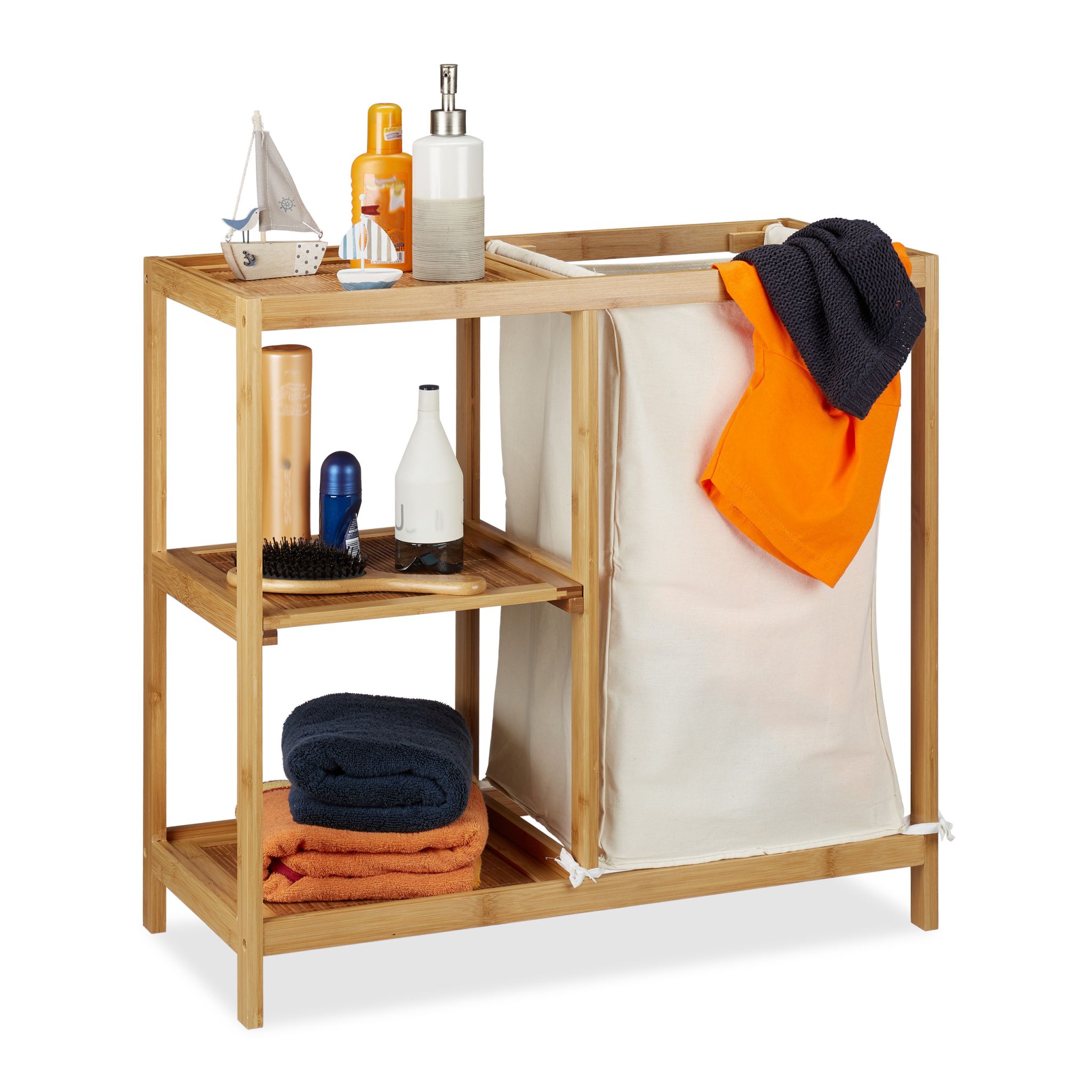 Badregal mit Wäschekorb Bambus Beige-Hellbraun von Relaxdays