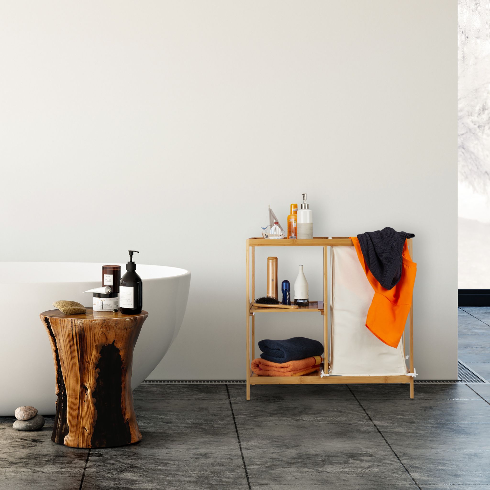 Badregal mit Wäschekorb Bambus Beige-Hellbraun von Relaxdays