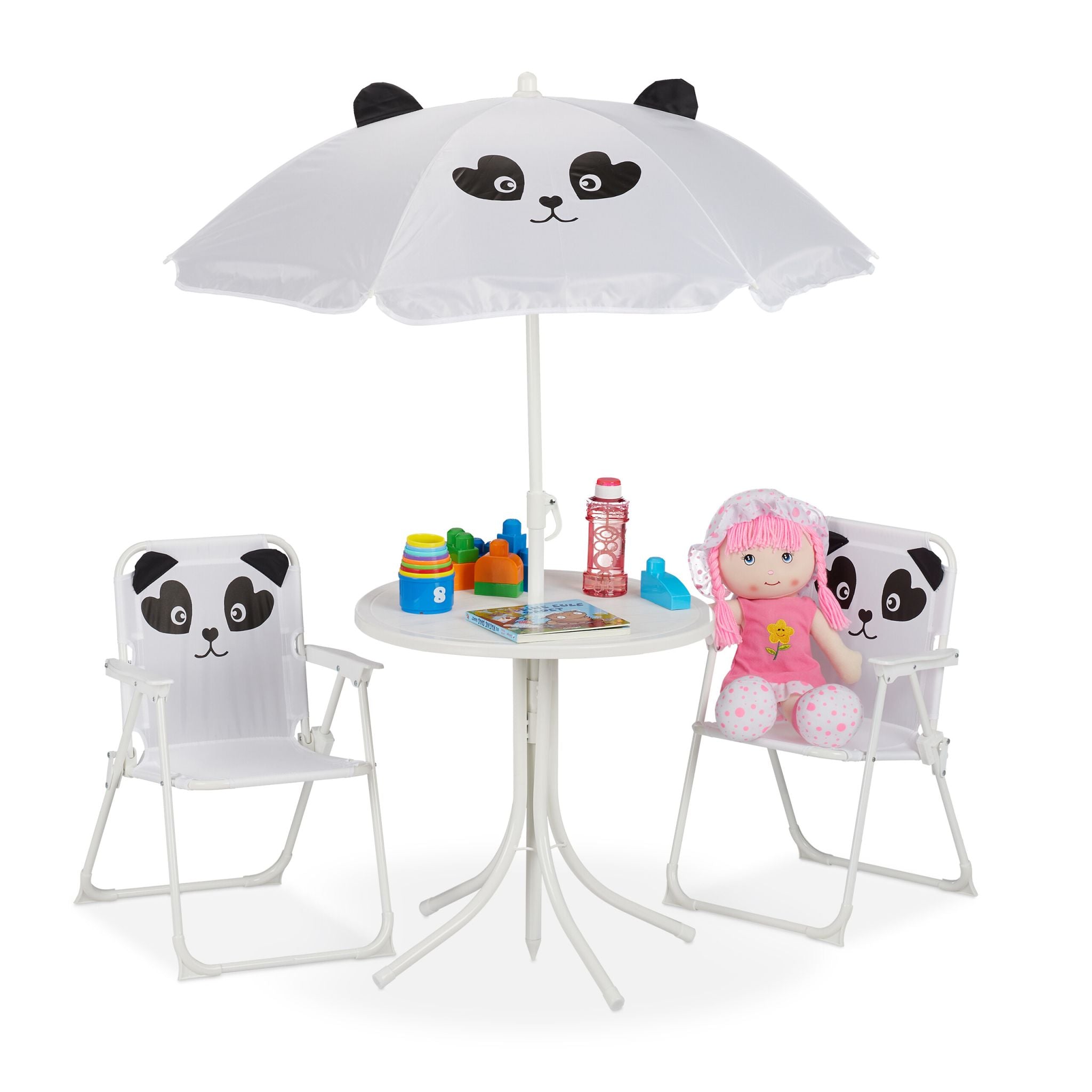 Camping Kindersitzgruppe mit Schirm Weiss-Schwarz von Relaxdays