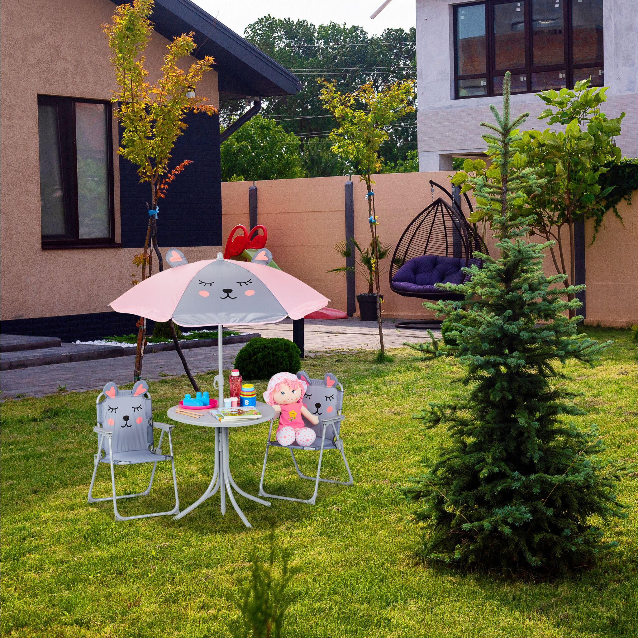 Camping Kindersitzgruppe mit Schirm Weiss-Schwarz von Relaxdays