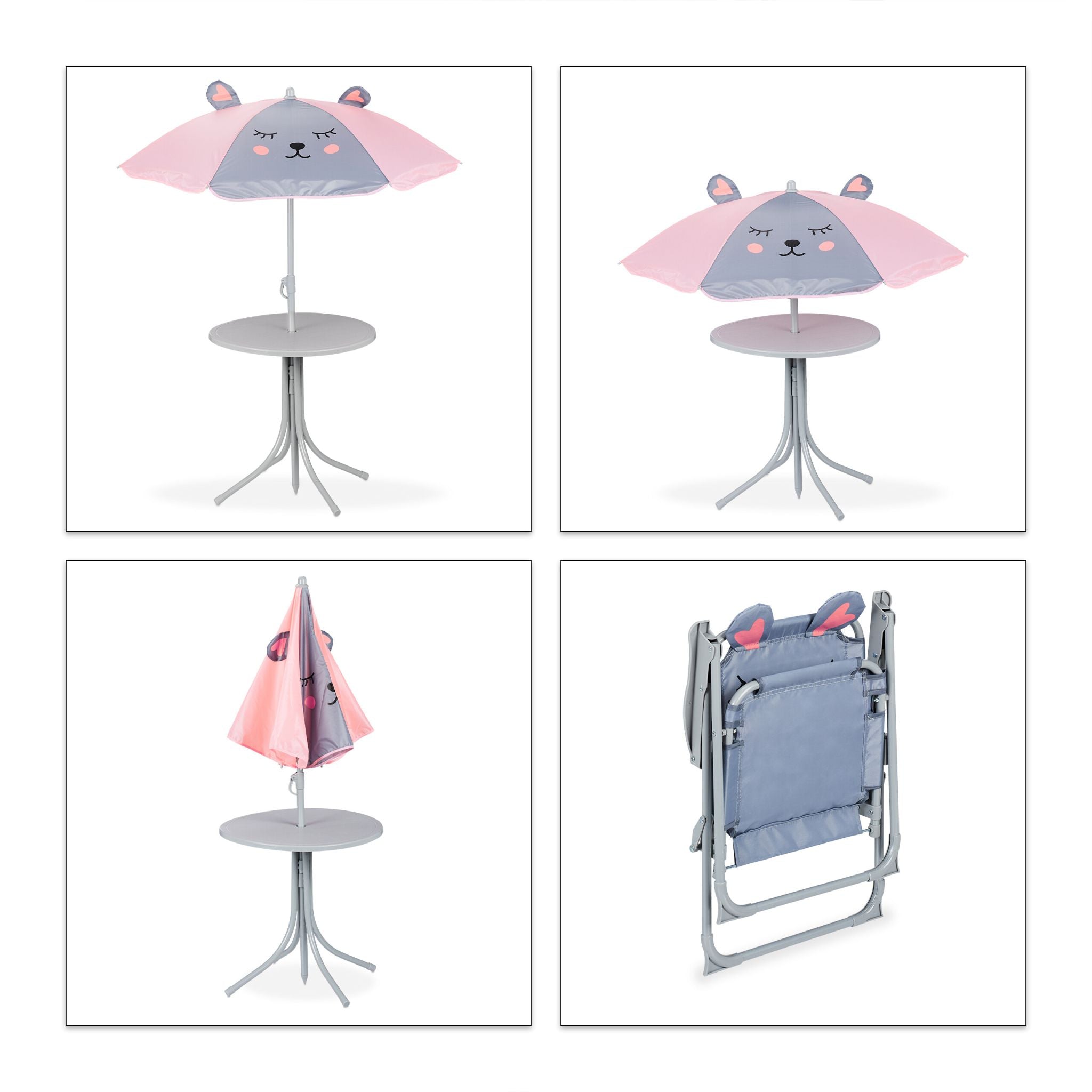 Camping Kindersitzgruppe mit Schirm Rosa-Grau von Relaxdays