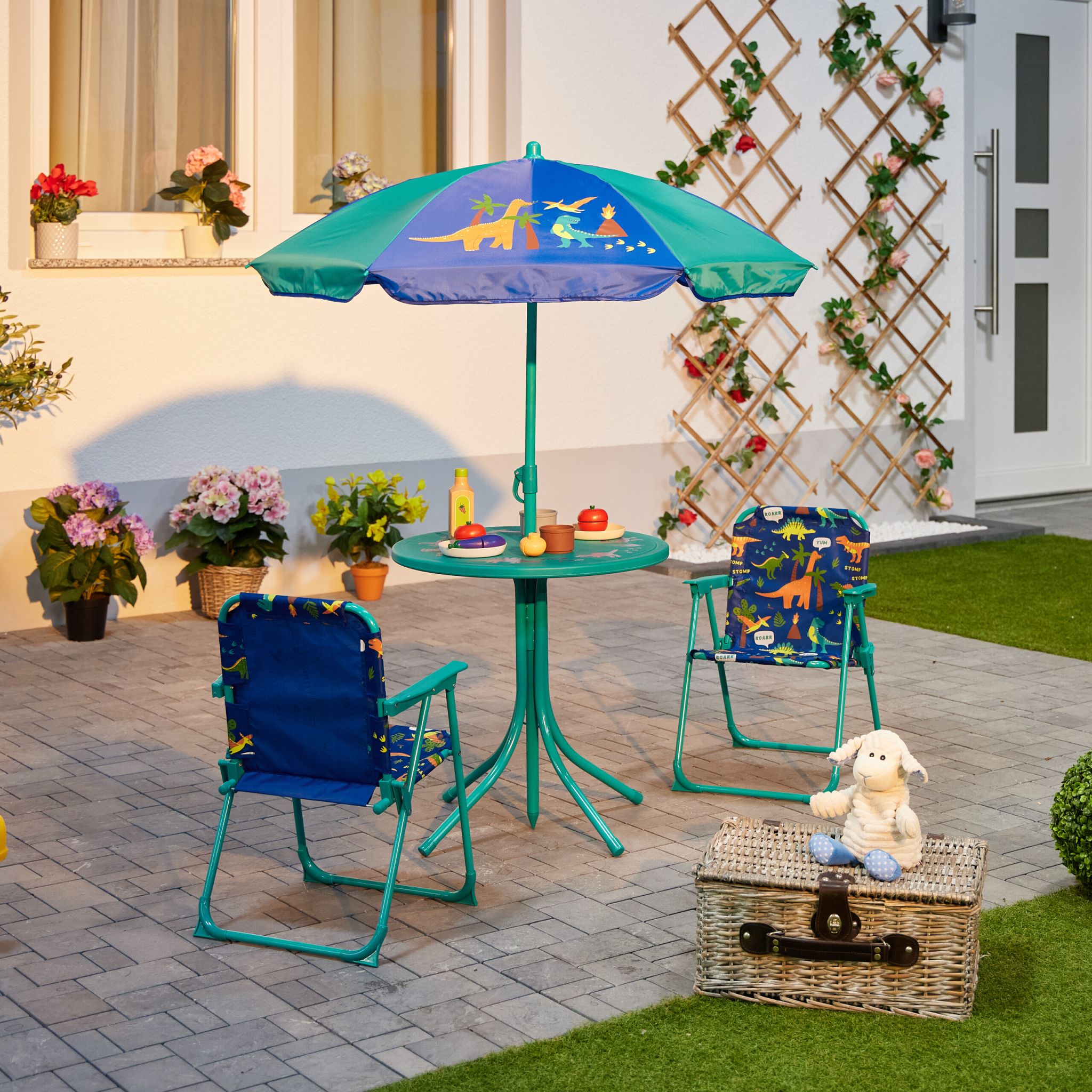 Camping Kindersitzgruppe mit Schirm Blau-Orange-Türkis von Relaxdays