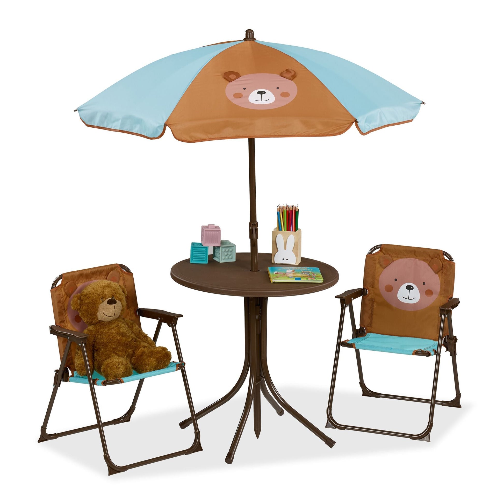 Camping Kindersitzgruppe mit Schirm Braun-Hellblau-Hellbraun von Relaxdays