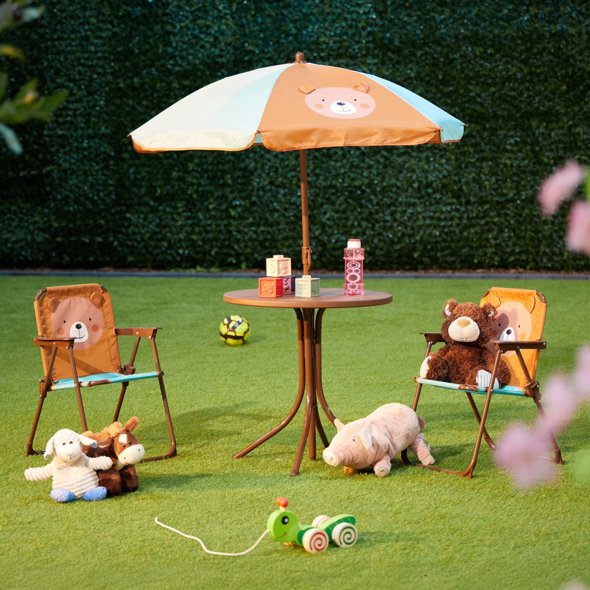 Camping Kindersitzgruppe mit Schirm Braun-Hellblau-Hellbraun von Relaxdays