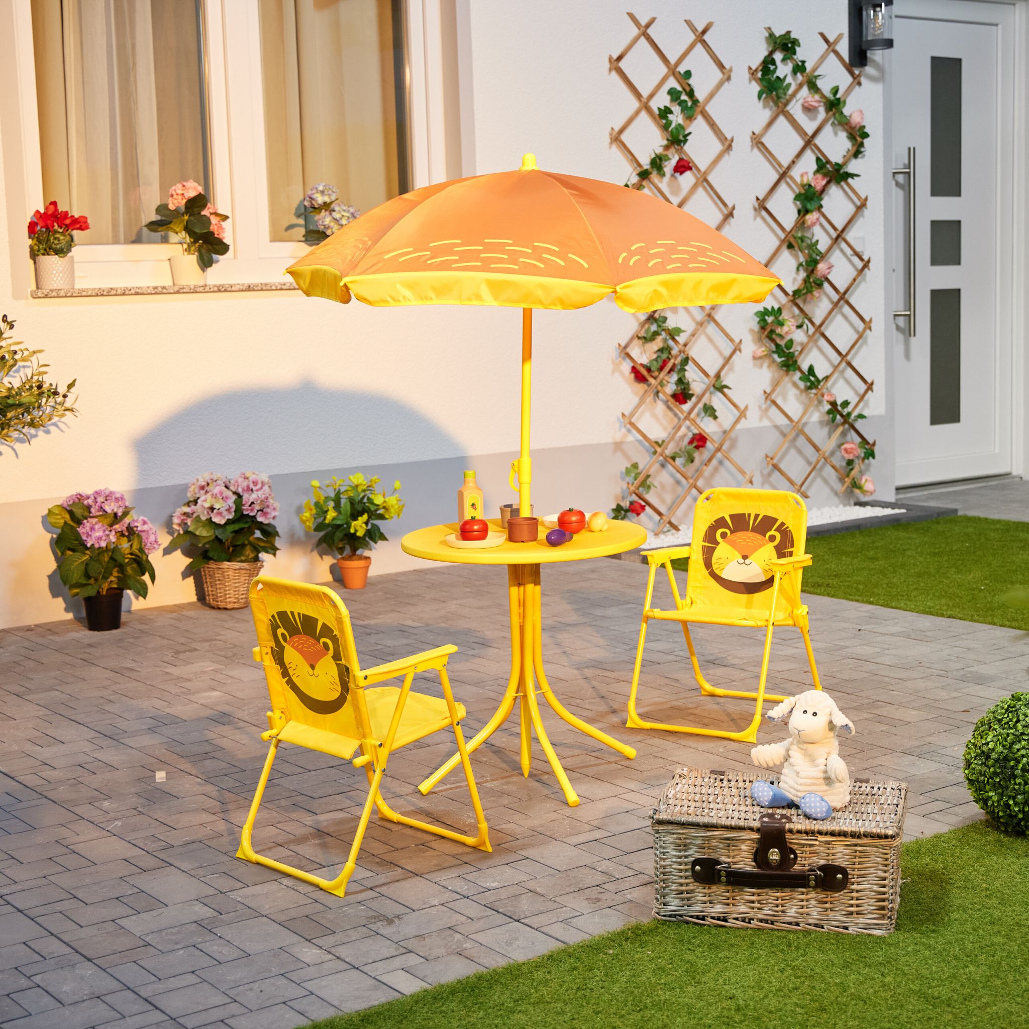 Camping Kindersitzgruppe mit Schirm Gelb-Hellbraun von Relaxdays