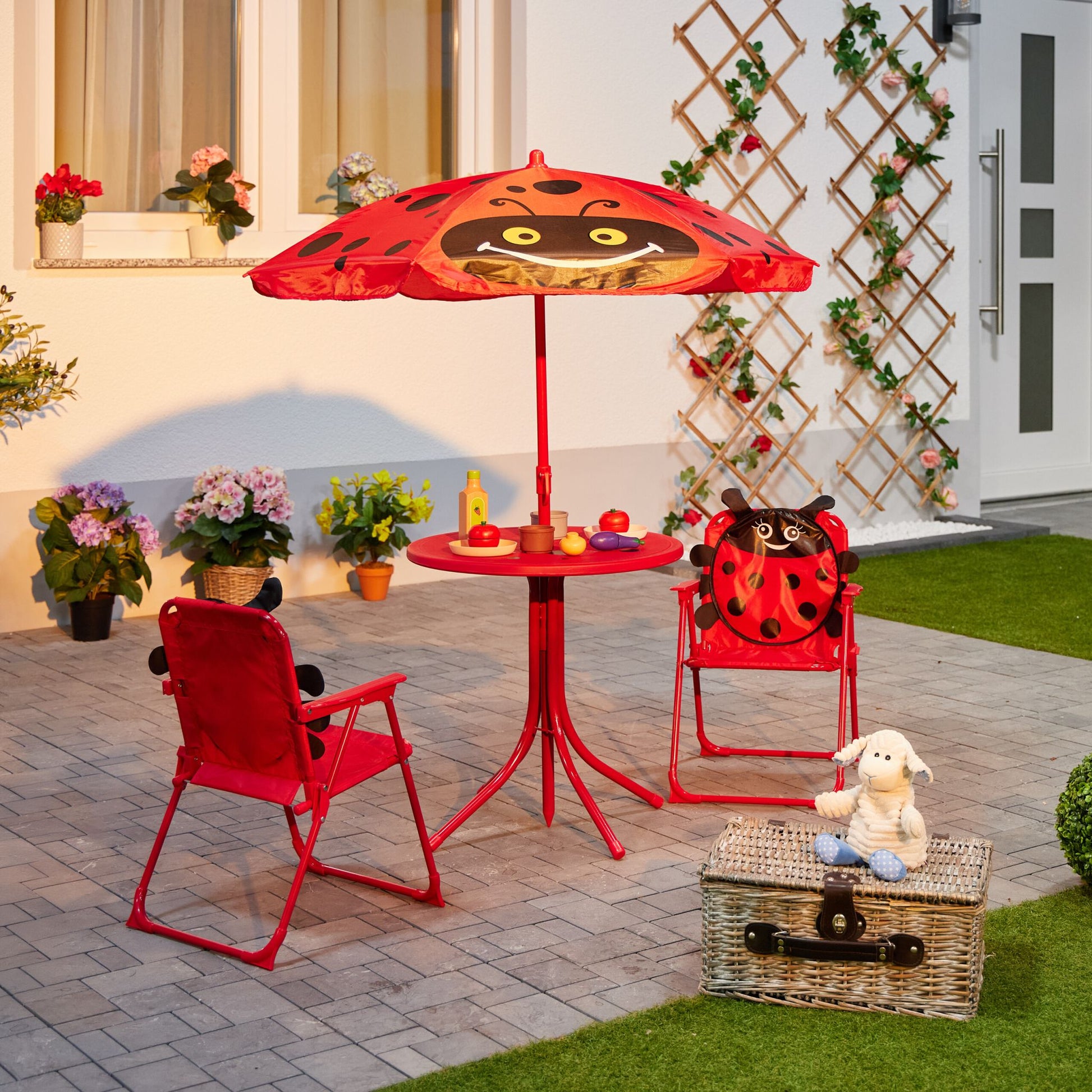 Camping Kindersitzgruppe mit Schirm Rot-Schwarz von Relaxdays