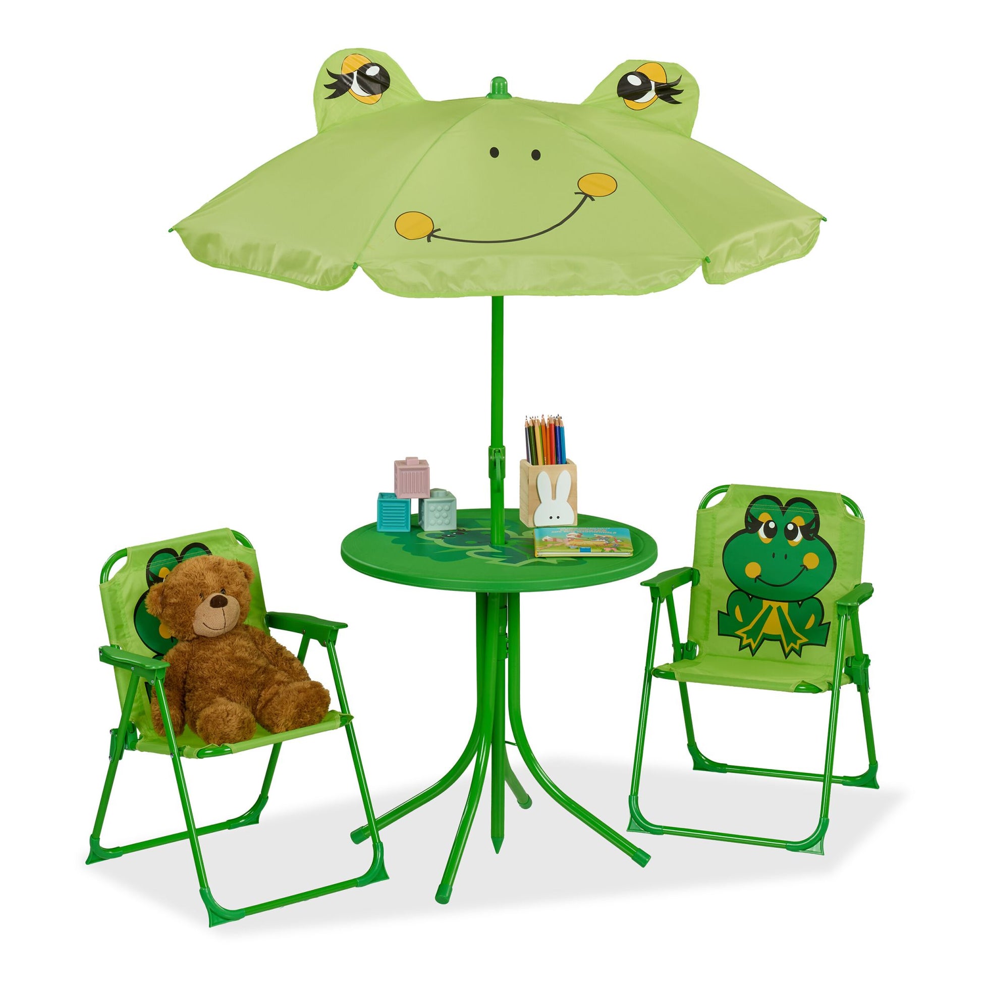 Camping Kindersitzgruppe mit Schirm Dunkelgrün-Grün von Relaxdays