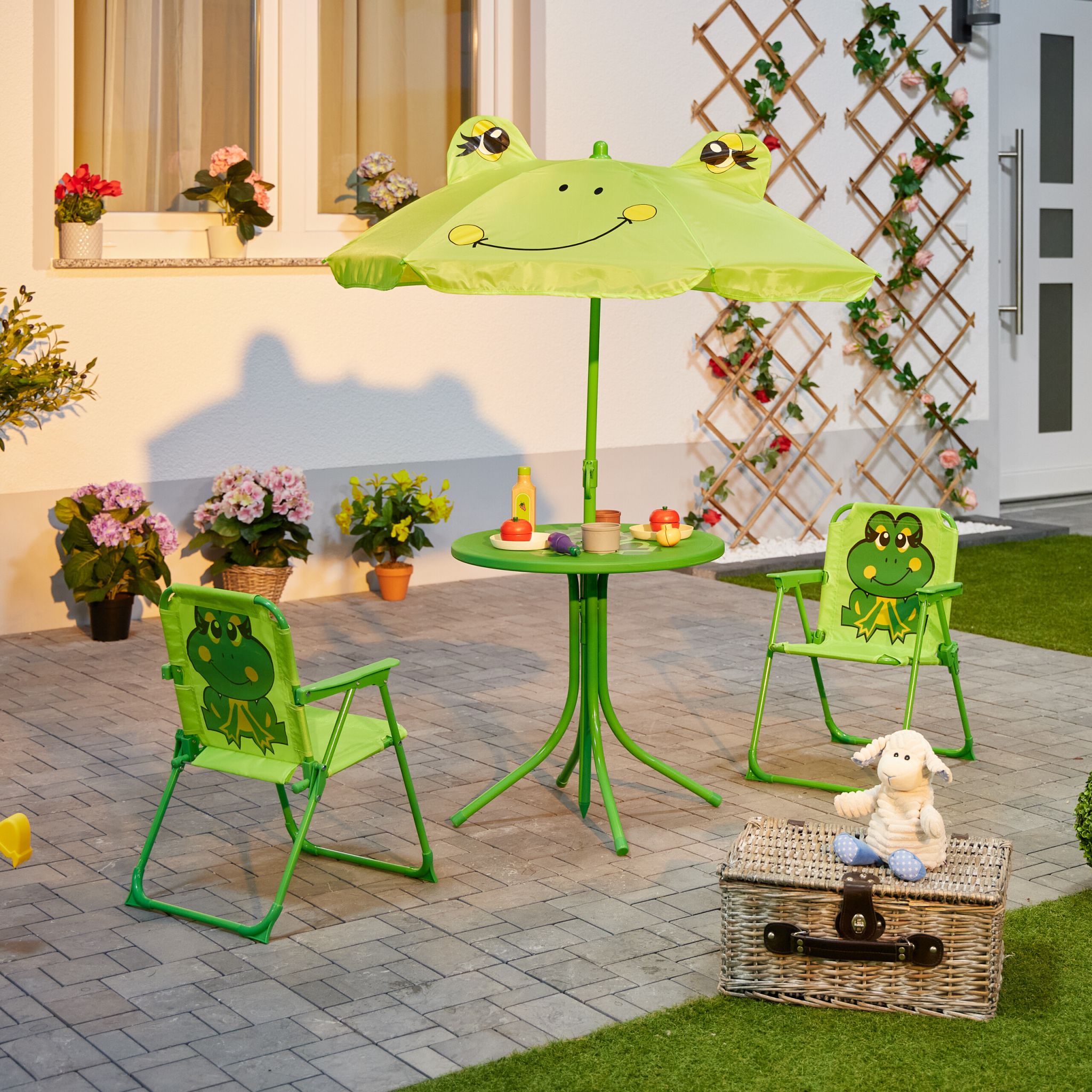 Camping Kindersitzgruppe mit Schirm Dunkelgrün-Grün von Relaxdays