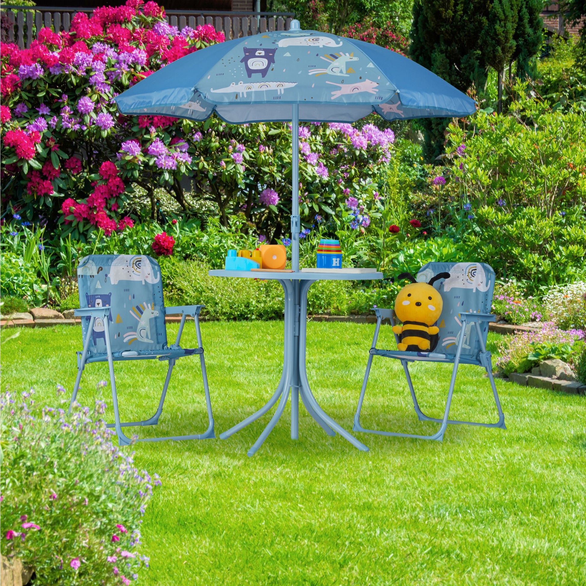 Camping Kindersitzgruppe mit Schirm Blau von Relaxdays