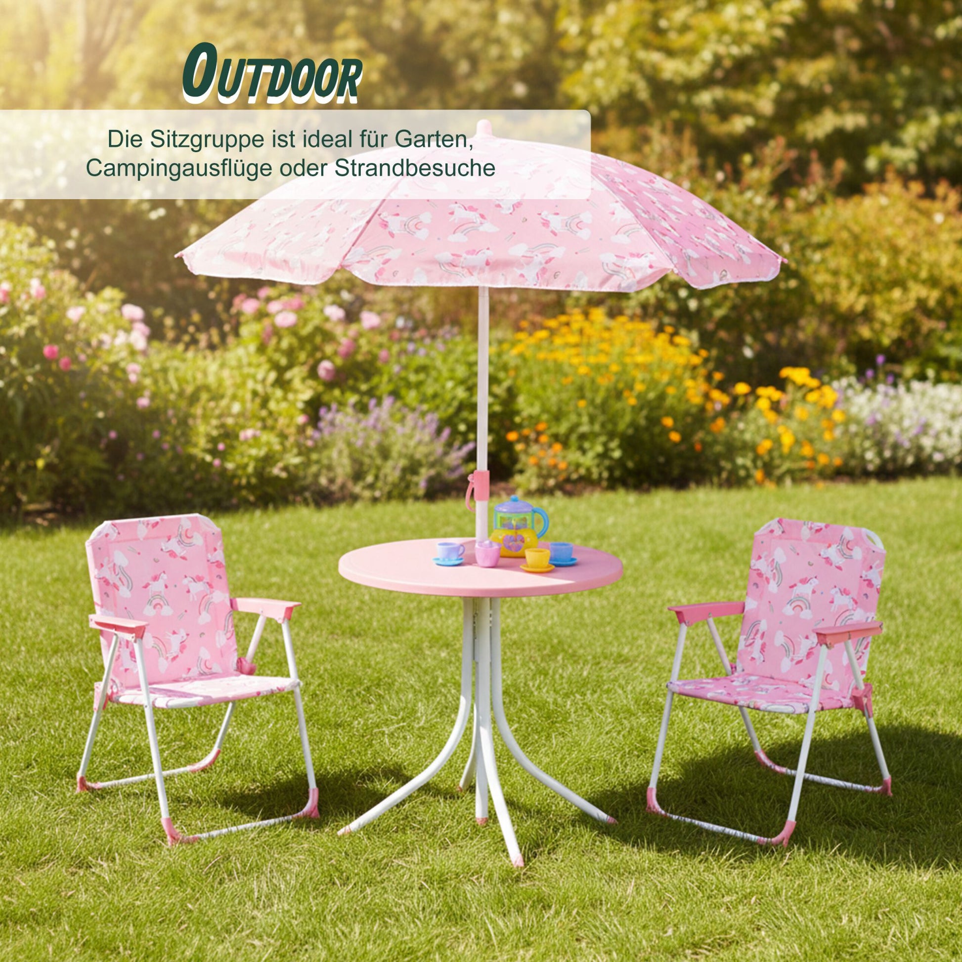 Camping Kindersitzgruppe mit Schirm Weiss-Rosa von Relaxdays