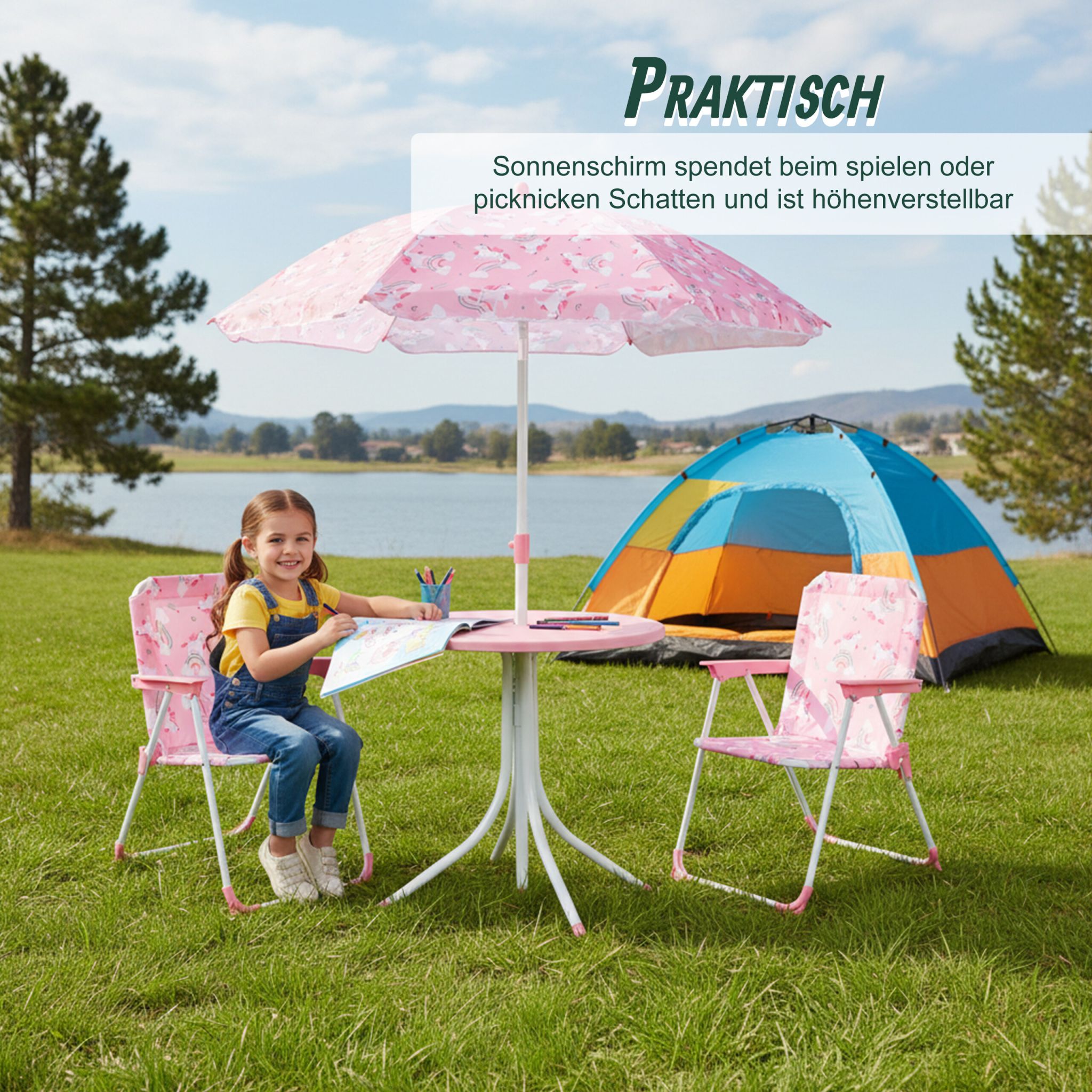 Camping Kindersitzgruppe mit Schirm Weiss-Rosa von Relaxdays