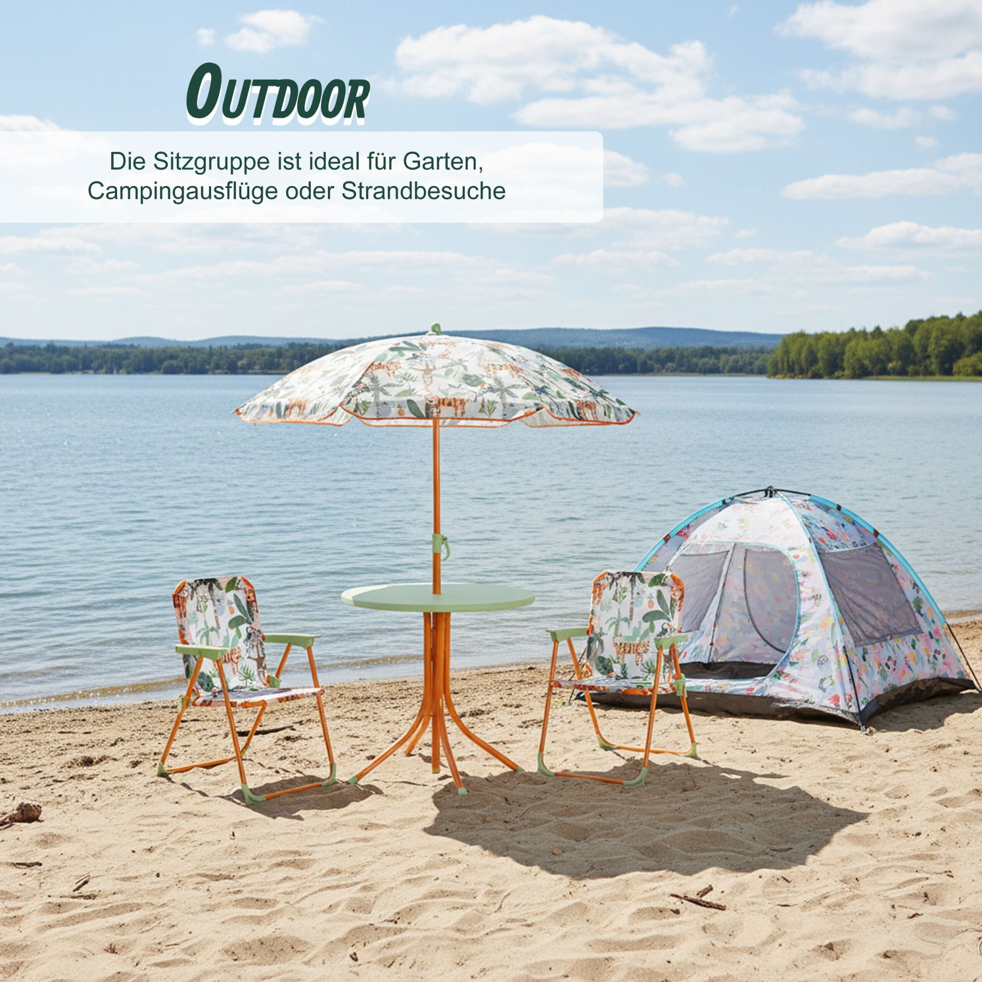 Camping Kindersitzgruppe mit Schirm Weiss-Grün-Orange von Relaxdays