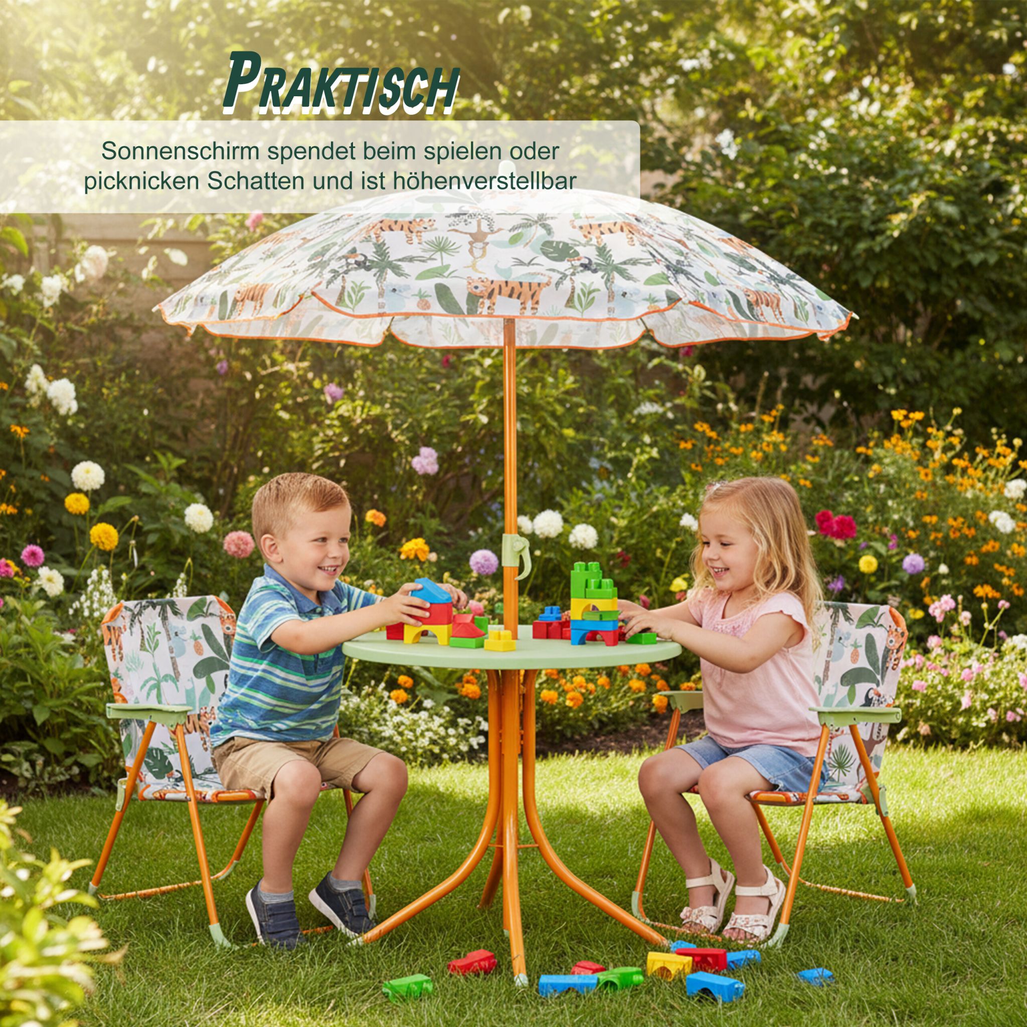 Camping Kindersitzgruppe mit Schirm Weiss-Grün-Orange von Relaxdays