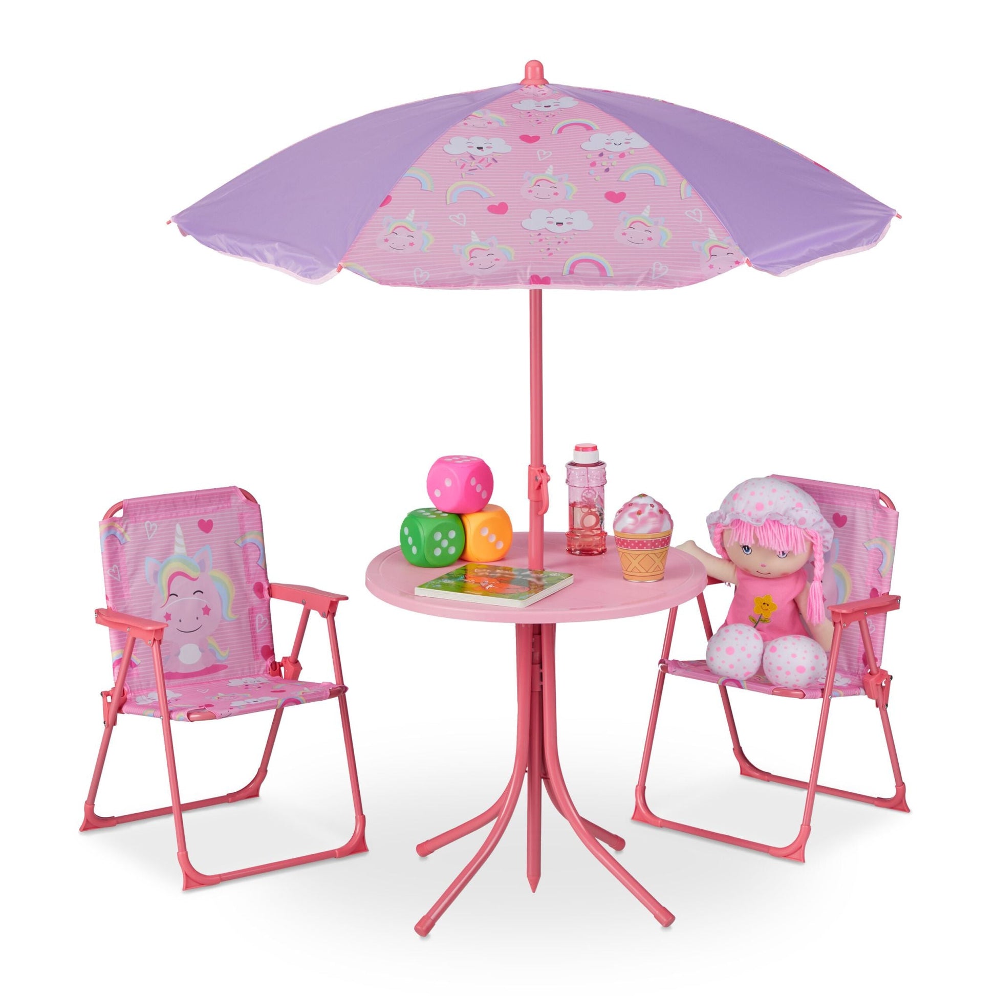 Camping Kindersitzgruppe mit Schirm Lila-Pink-Rosa von Relaxdays