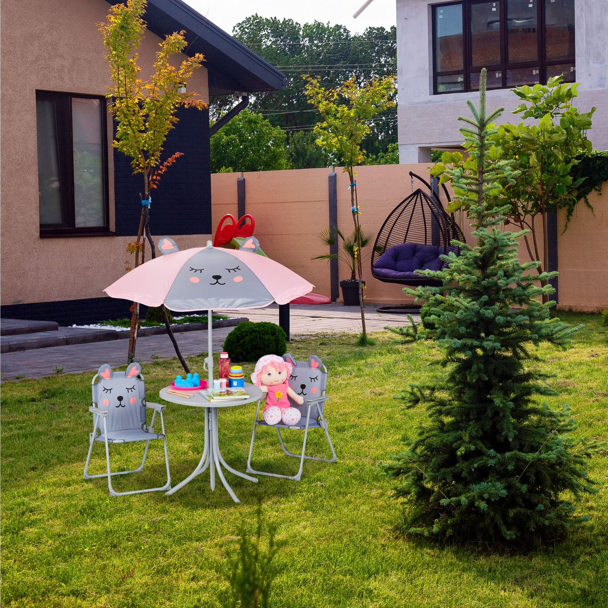 Camping Kindersitzgruppe mit Schirm Lila-Pink-Rosa von Relaxdays