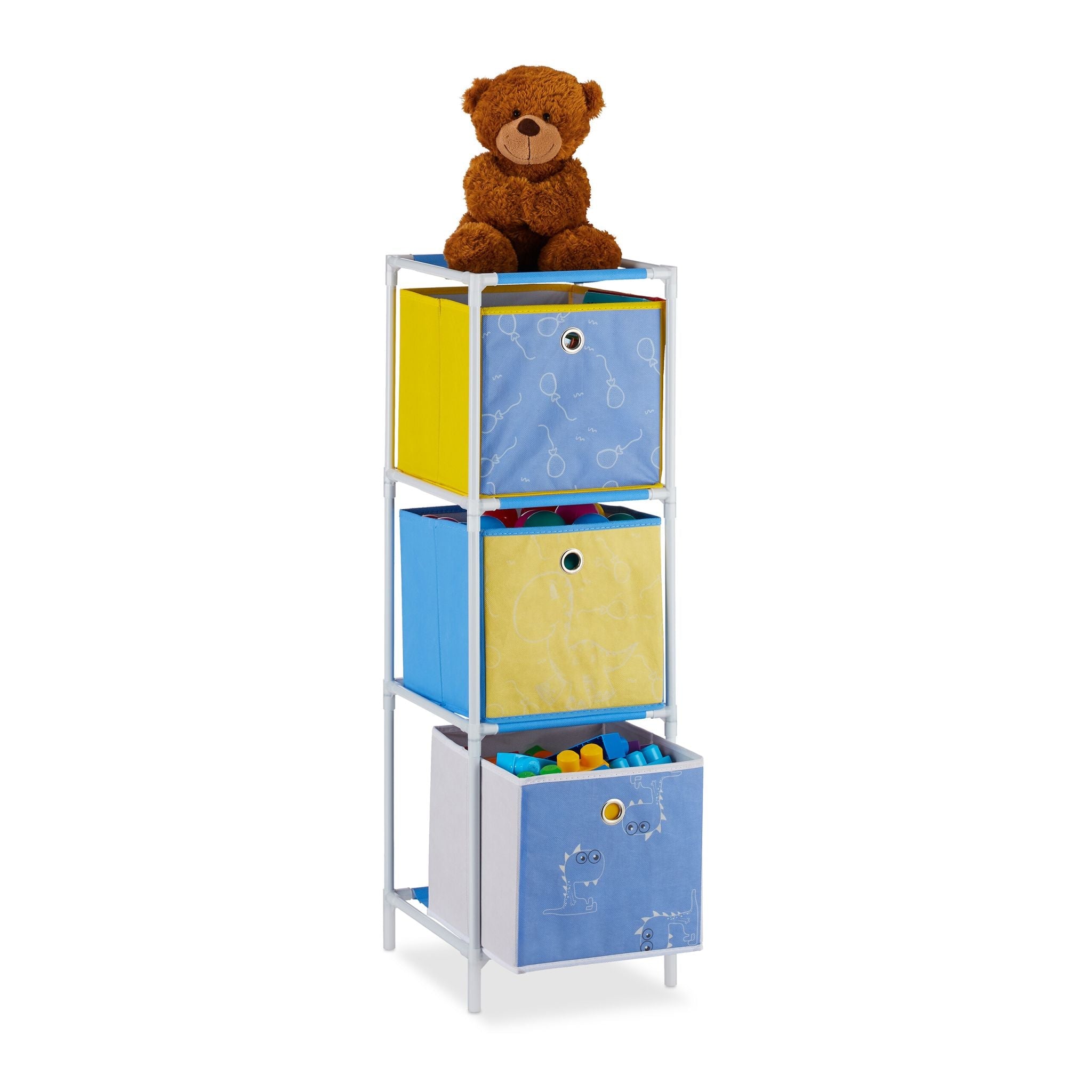 Kinderregal Dino mit Boxen Weiss-Blau-Gelb von Relaxdays