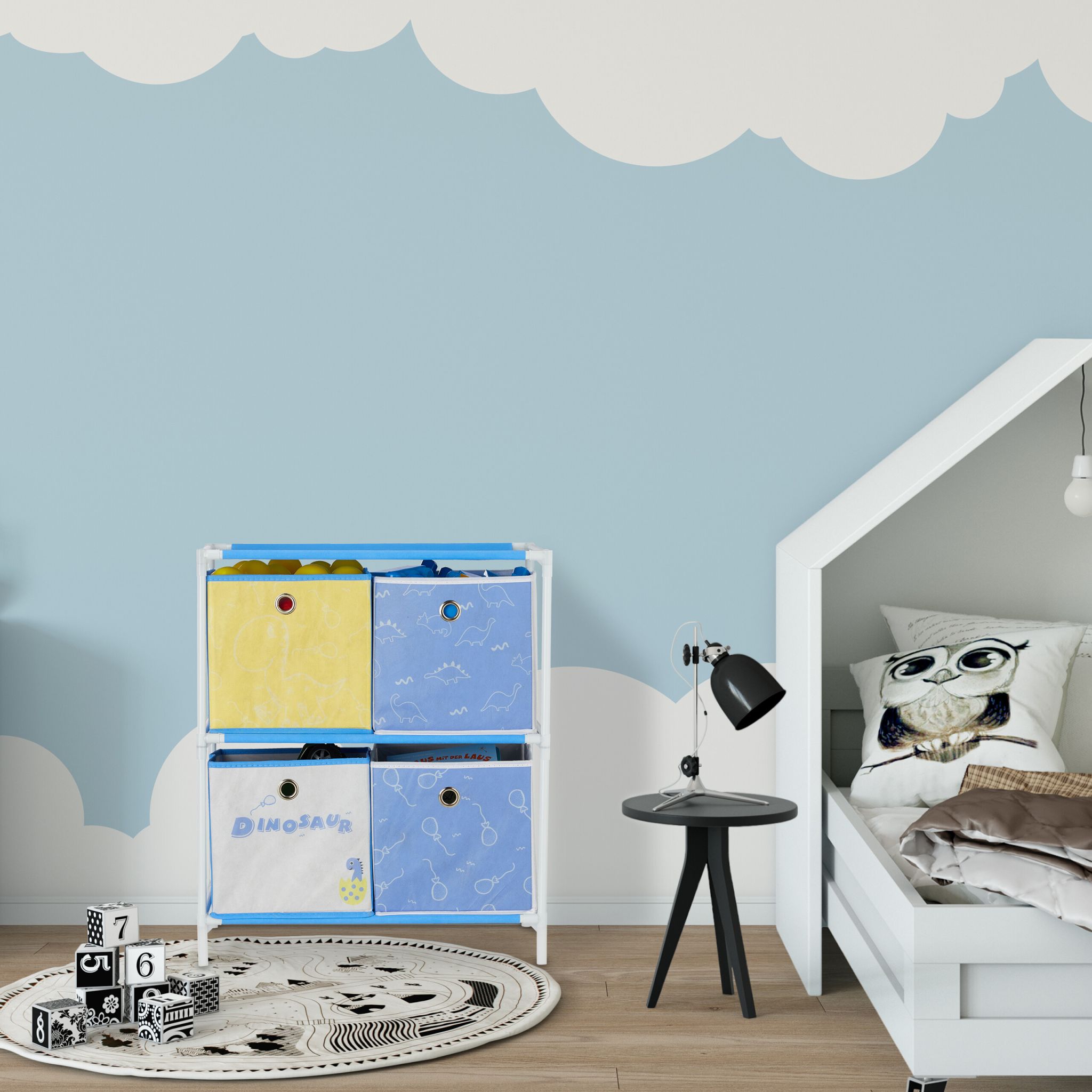 Kinderregal Dino mit Boxen Weiss-Blau-Gelb von Relaxdays