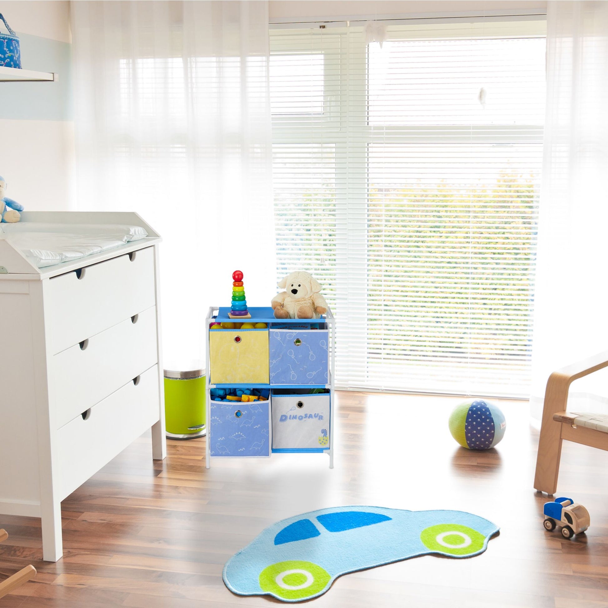 Kinderregal Dino mit Boxen Weiss-Blau-Gelb von Relaxdays